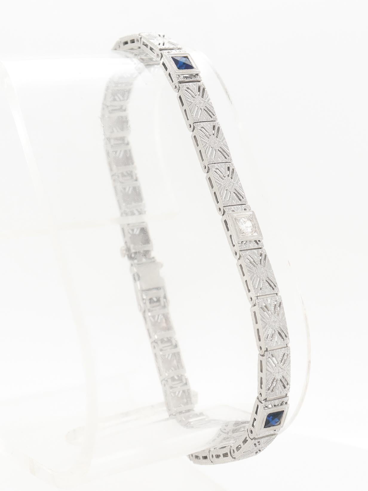 Antique Art Deco 14K White Gold Filigree, Sapphire, & Diamond Bracelet For Sale 1