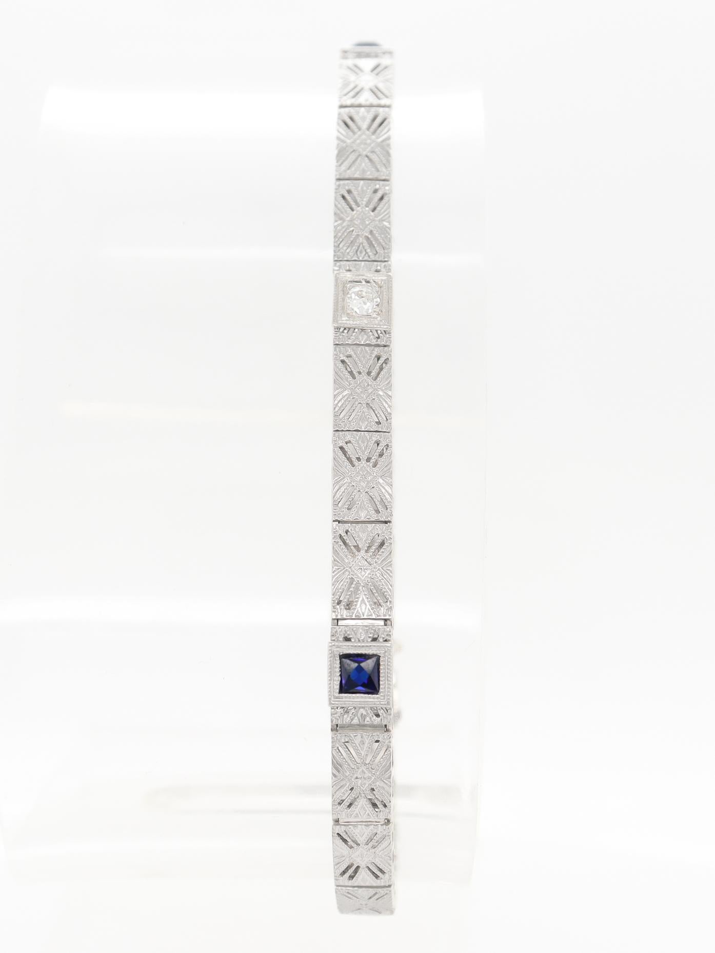 Antique Art Deco 14K White Gold Filigree, Sapphire, & Diamond Bracelet For Sale 2