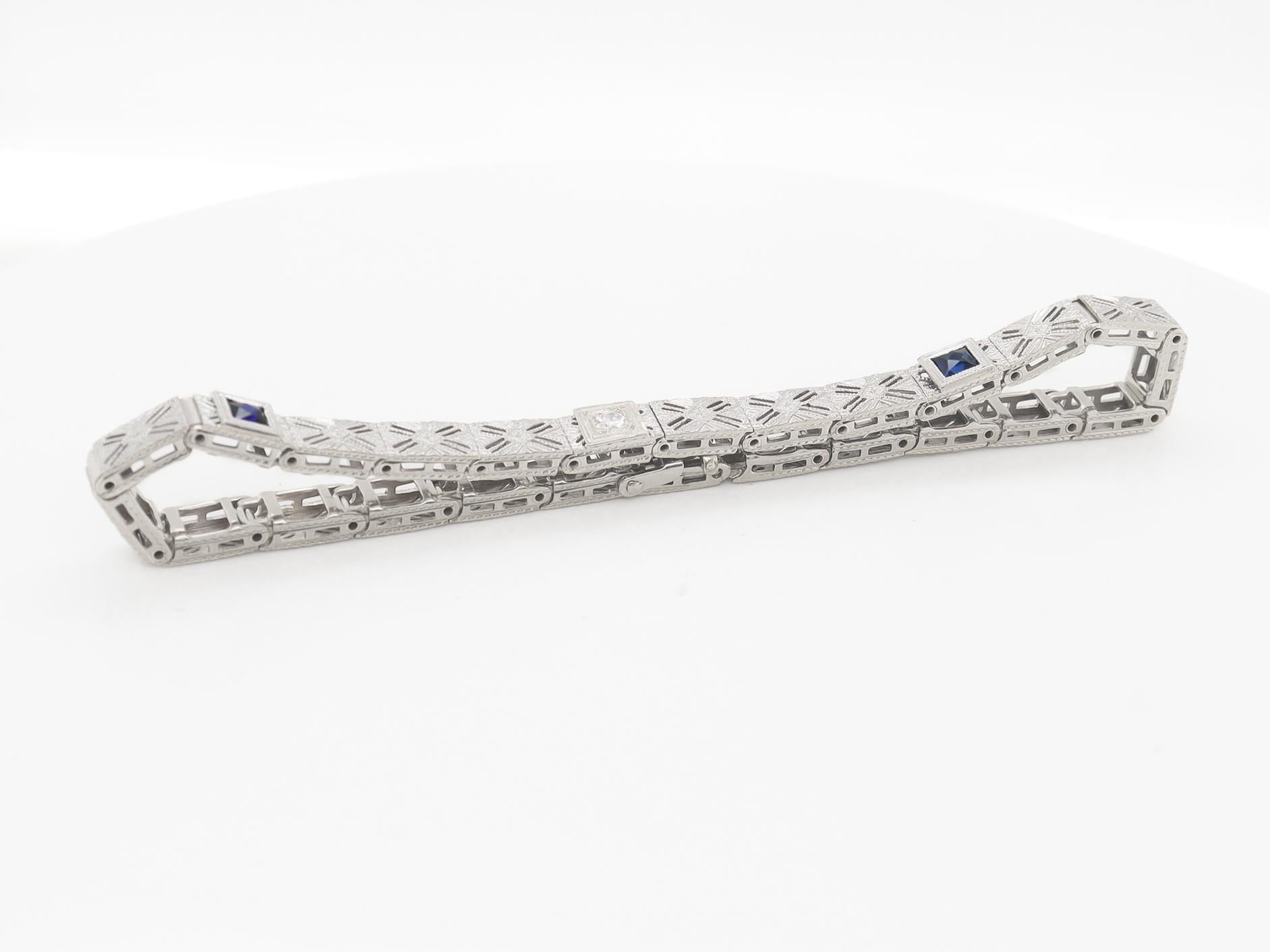 Antique Art Deco 14K White Gold Filigree, Sapphire, & Diamond Bracelet For Sale 3