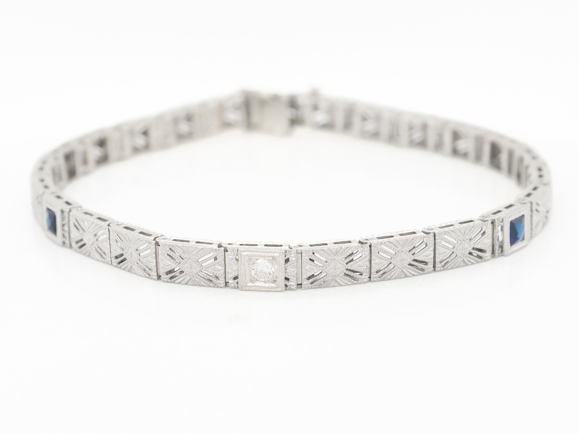 Antique Art Deco 14K White Gold Filigree, Sapphire, & Diamond Bracelet For Sale 4