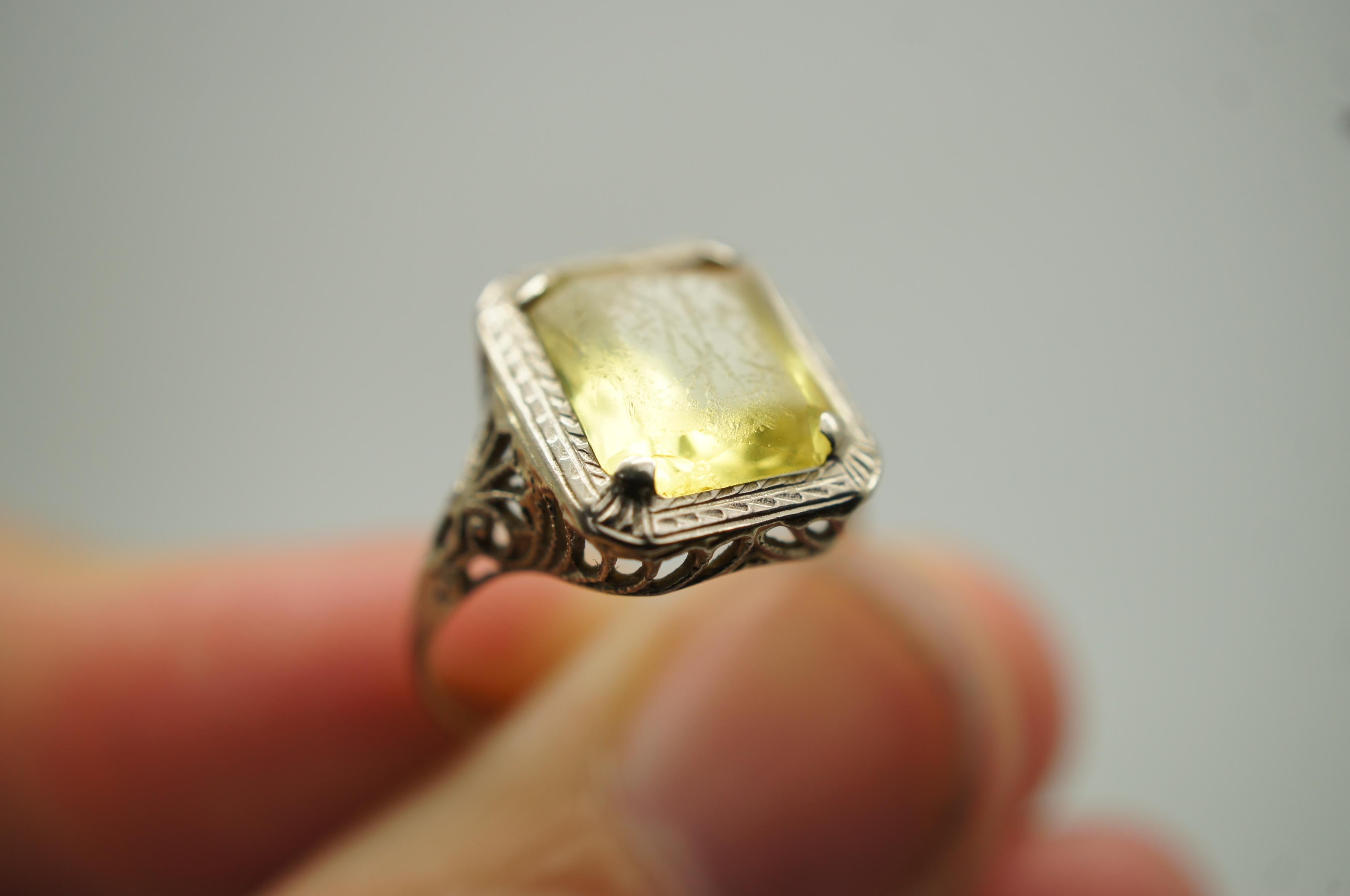 Antique Art Deco 14K White Gold Filigree Uranium Glass Cocktail Ring Size 5 For Sale 6