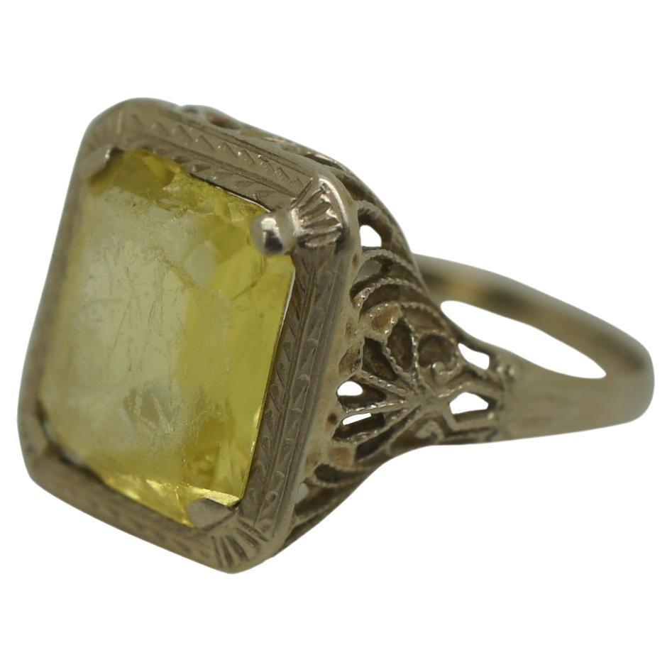 Antique Art Deco 14K White Gold Filigree Uranium Glass Cocktail Ring Size 5 For Sale
