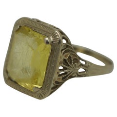 Antique Art Deco 14K White Gold Filigree Uranium Glass Cocktail Ring Size 5