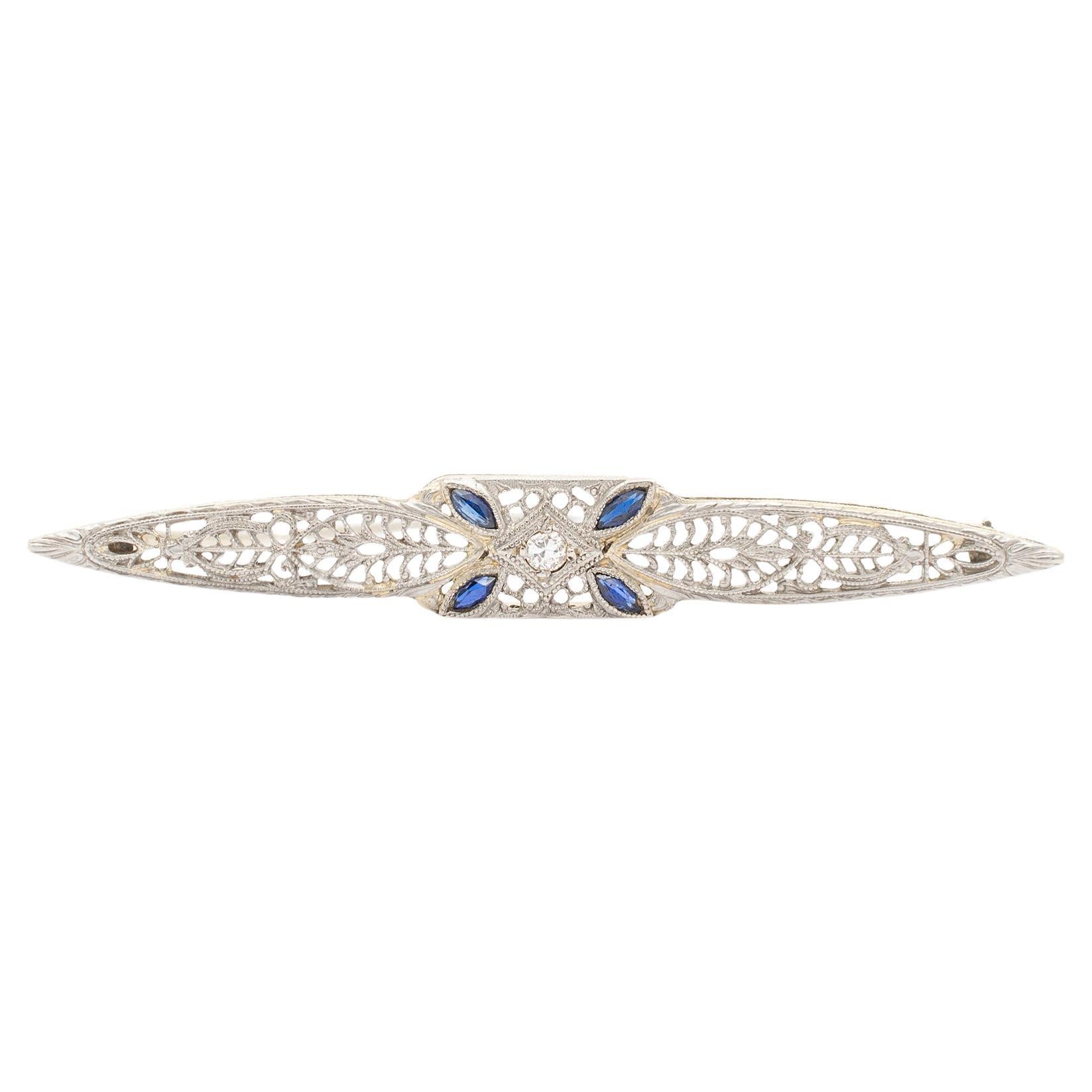 Antique Art Deco 14K White Gold Filigreed Diamond Sapphires Brooch For Sale