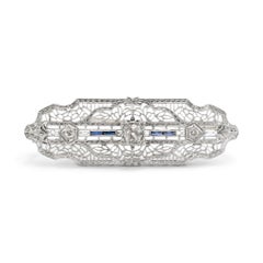 Antique Art Deco 14K White Gold Filigreed Old Cut Diamond & Sapphire Brooch
