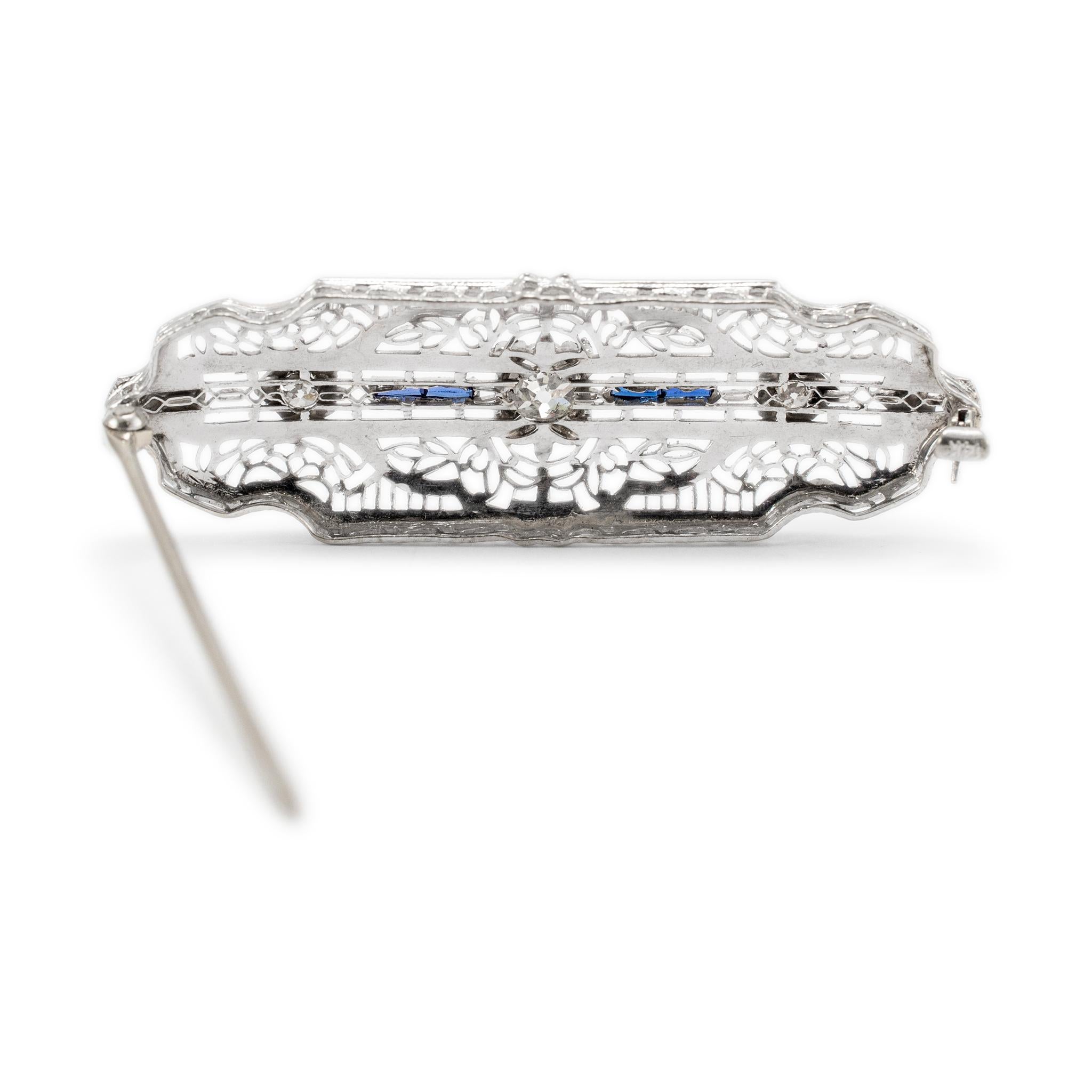 Old Mine Cut Antique Art Deco 14K White Gold Filigreed Old Cut Diamond & Sapphire Brooch For Sale