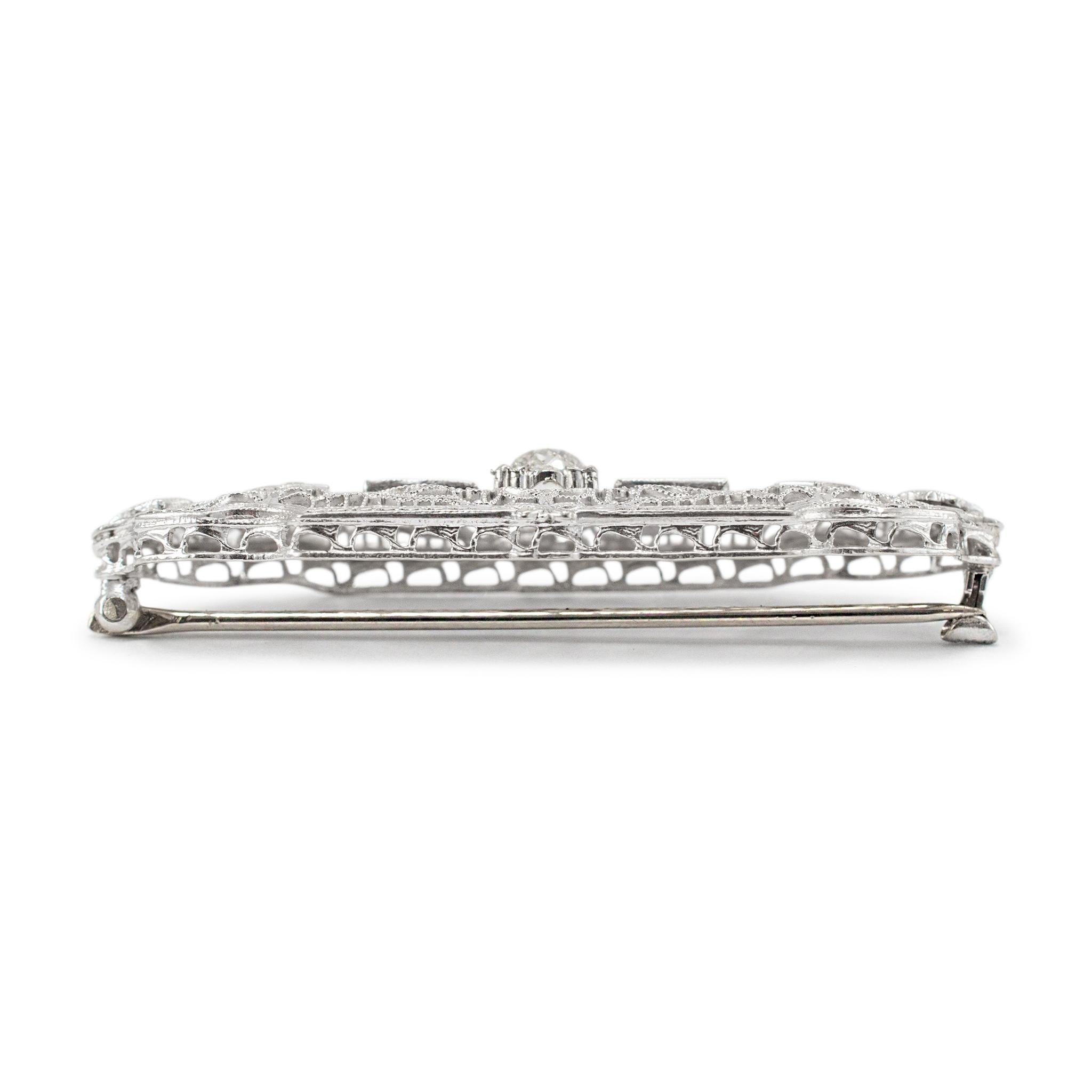 Women's or Men's Antique Art Deco 14K White Gold Filigreed Old Cut Diamond & Sapphire Brooch For Sale