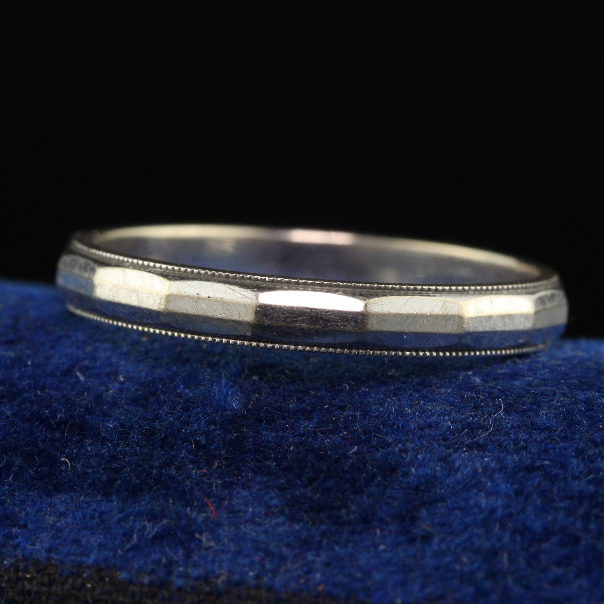 Beautiful Antique Art Deco 14K White Gold Geometric Wedding Band - Size 6 1/2. This gorgeous wedding band is crafted in 14k white gold. The ring has a nice geometric pattern going around the entire ring and has milgraining on the borders. The ring