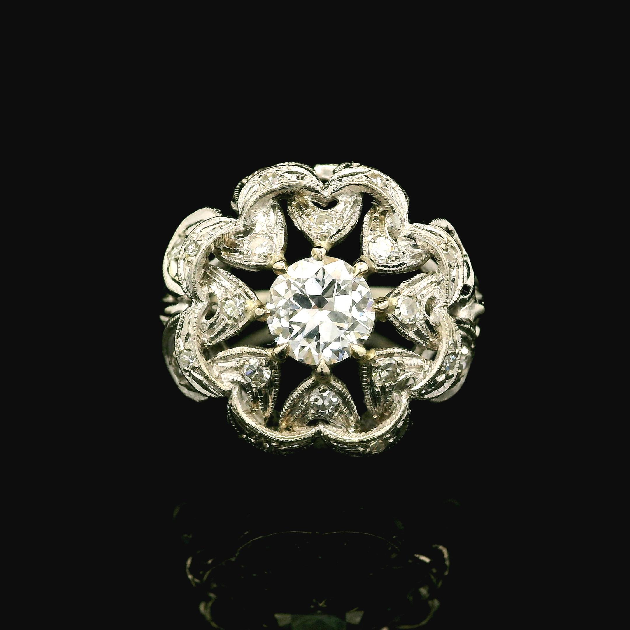 Anillo de cóctel antiguo Art Decó de oro blanco de 14k GIA 1,1ctw Diamante talla antigua Estrella en venta 5