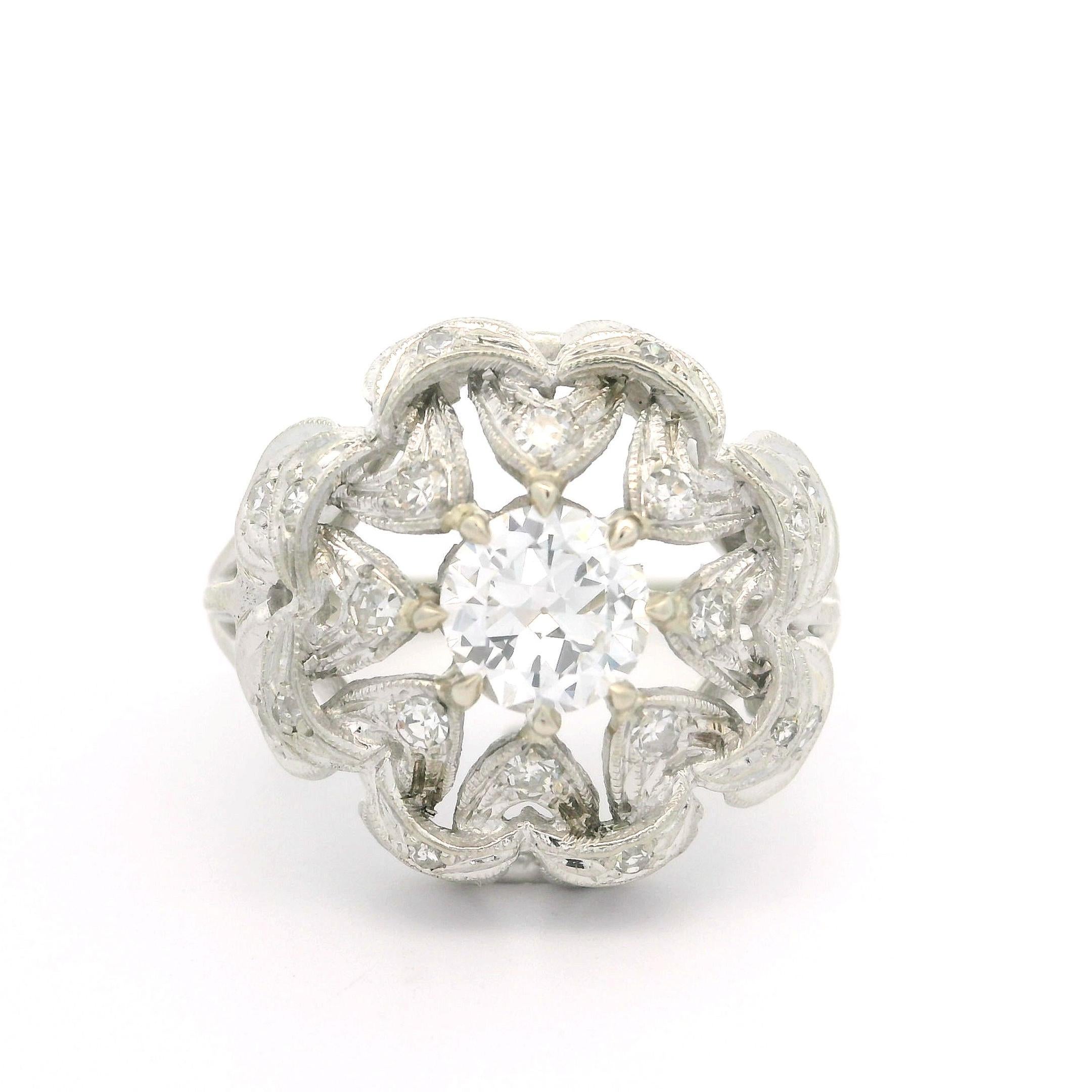 Anillo de cóctel antiguo Art Decó de oro blanco de 14k GIA 1,1ctw Diamante talla antigua Estrella en venta 7