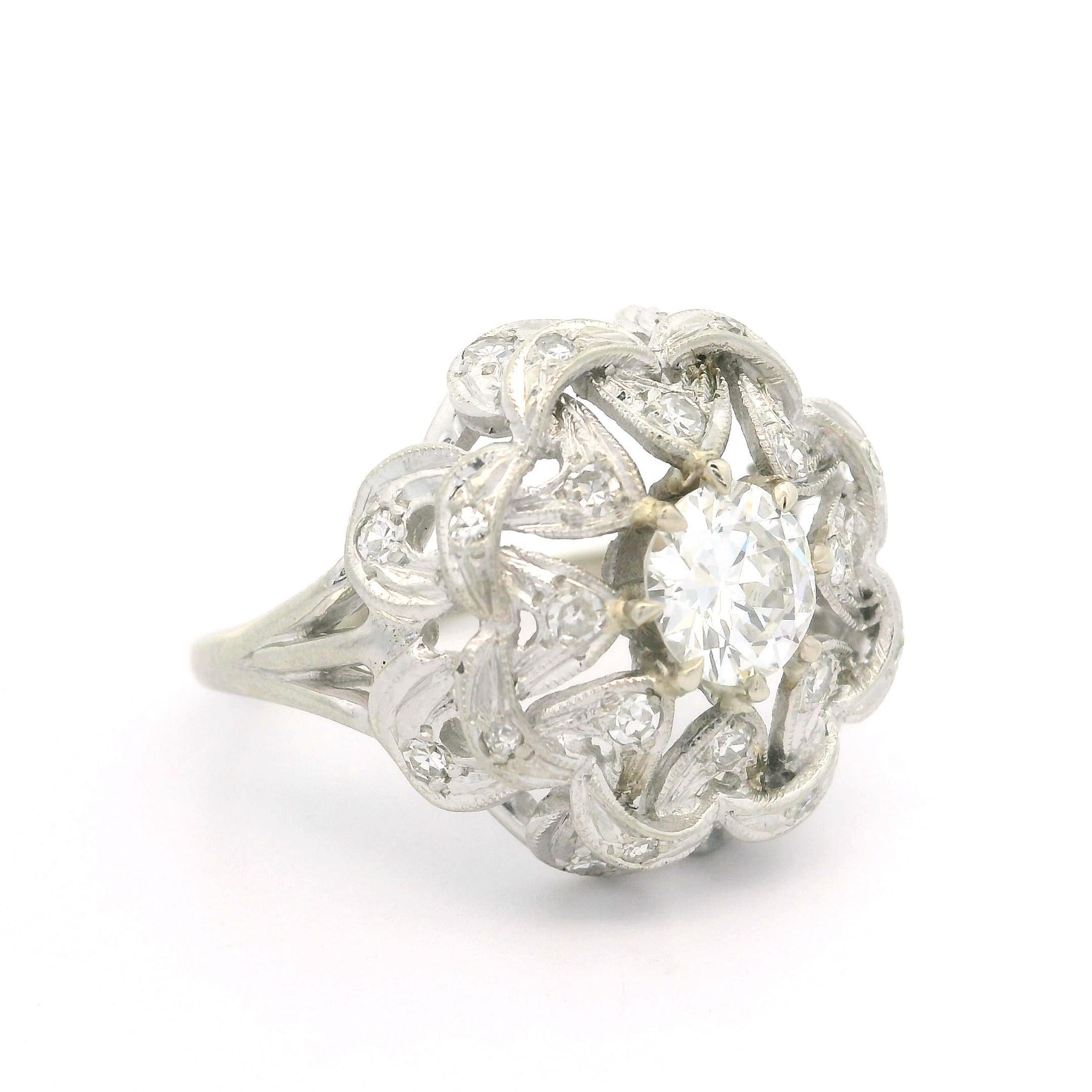 Anillo de cóctel antiguo Art Decó de oro blanco de 14k GIA 1,1ctw Diamante talla antigua Estrella en venta 8