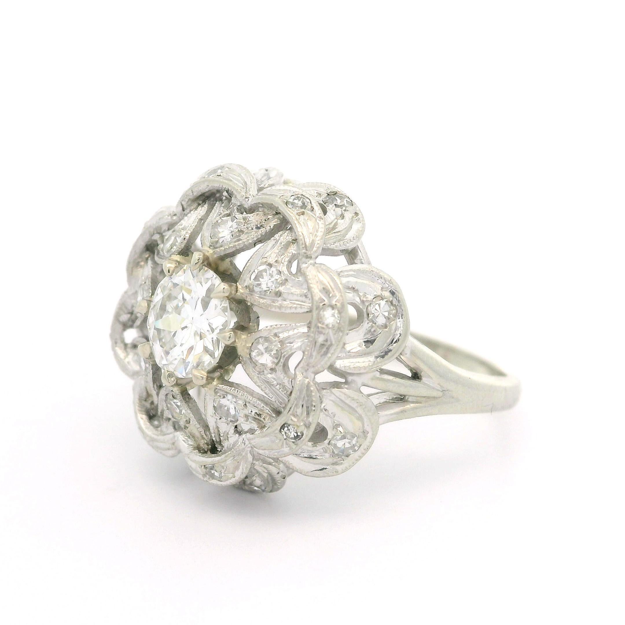 Anillo de cóctel antiguo Art Decó de oro blanco de 14k GIA 1,1ctw Diamante talla antigua Estrella en venta 9