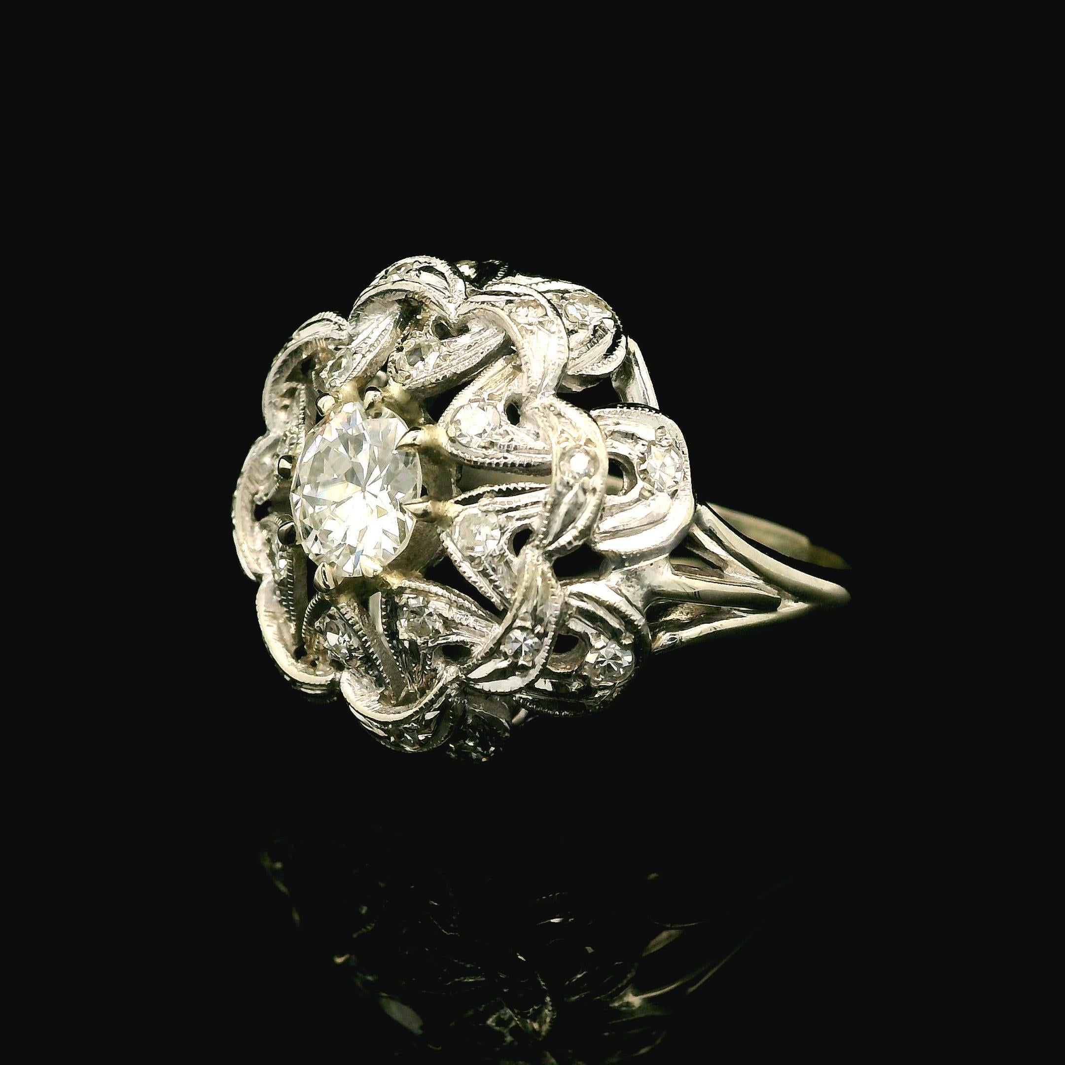 De las mujeres Anillo de cóctel antiguo Art Decó de oro blanco de 14k GIA 1,1ctw Diamante talla antigua Estrella en venta