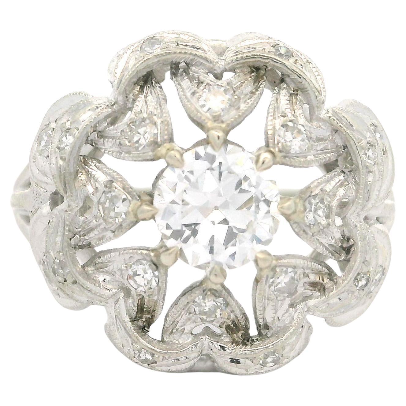 Anillo de cóctel antiguo Art Decó de oro blanco de 14k GIA 1,1ctw Diamante talla antigua Estrella