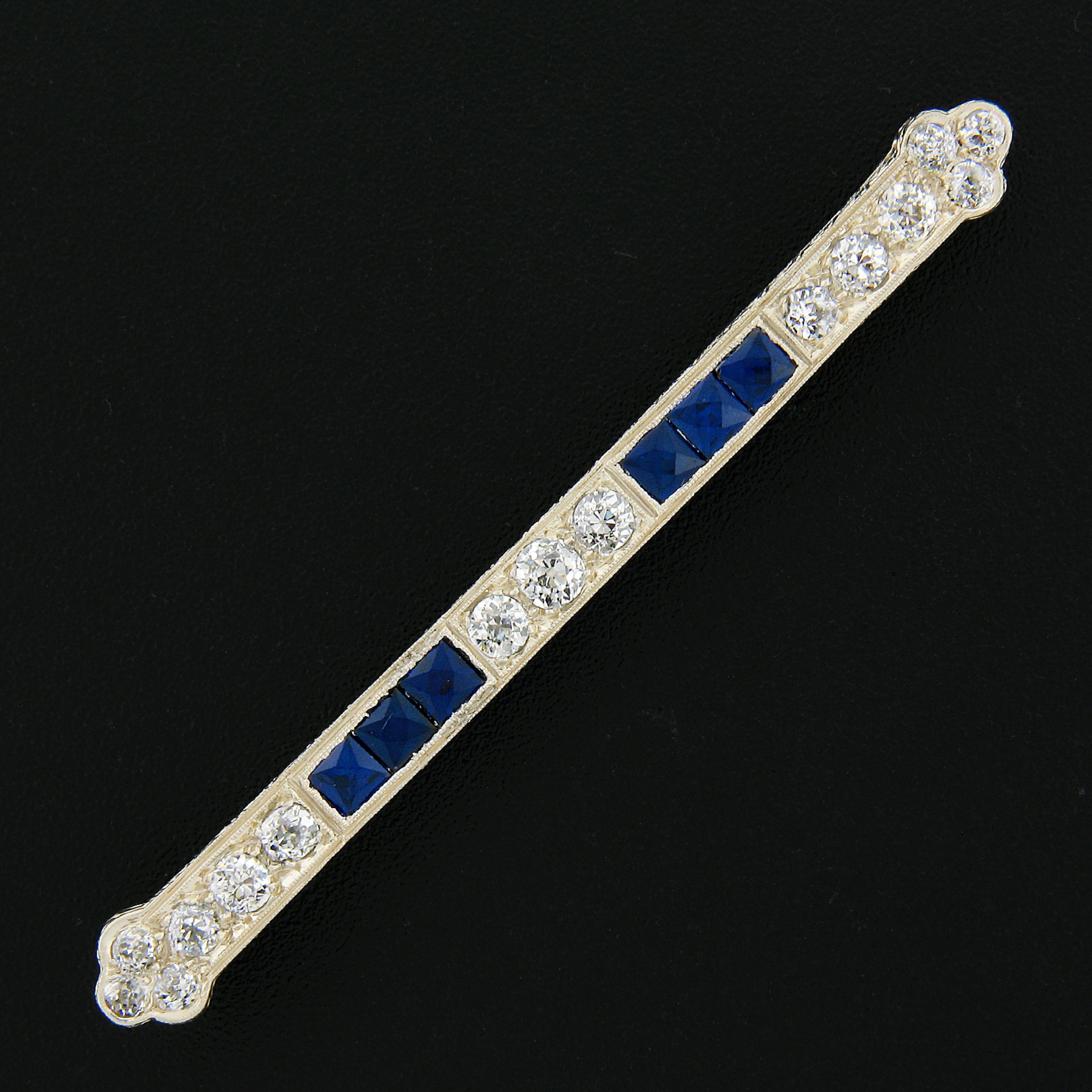 Antique Art Deco 14k White Gold GIA Lab Sapphire and Nat Diamond Bar Pin Brooch In Good Condition In Montclair, NJ