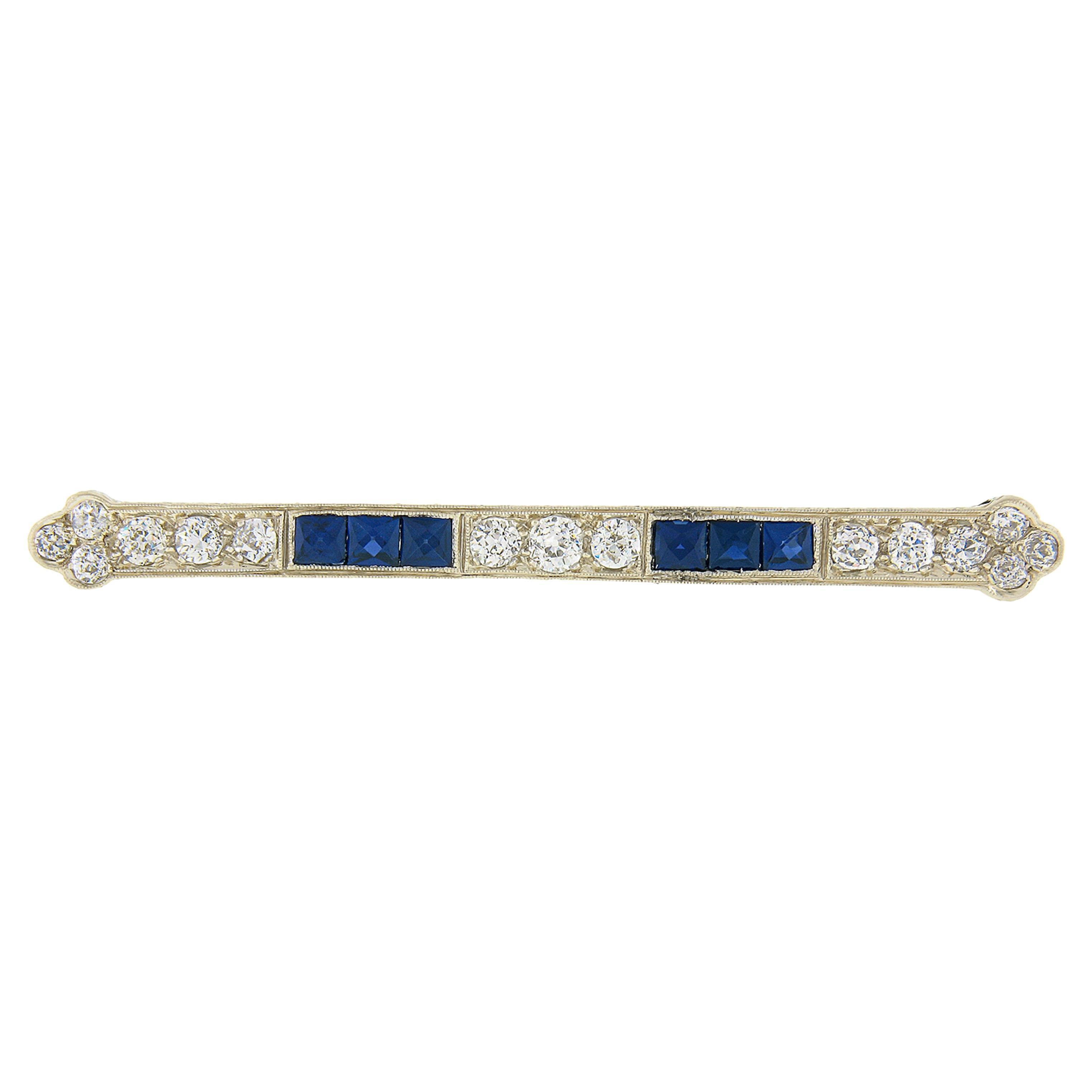 Antique Art Deco 14k White Gold GIA Lab Sapphire and Nat Diamond Bar Pin Brooch