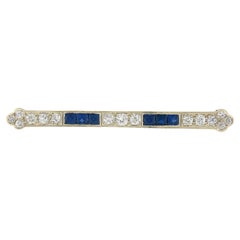 Antique Art Deco 14k White Gold GIA Lab Sapphire and Nat Diamond Bar Pin Brooch