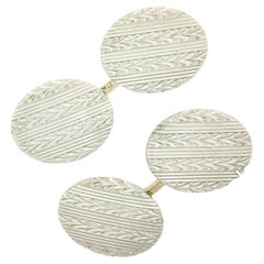 Antique Art Deco 14k White Gold Hand Etched & Wheat Engraved Oval Cufflinks