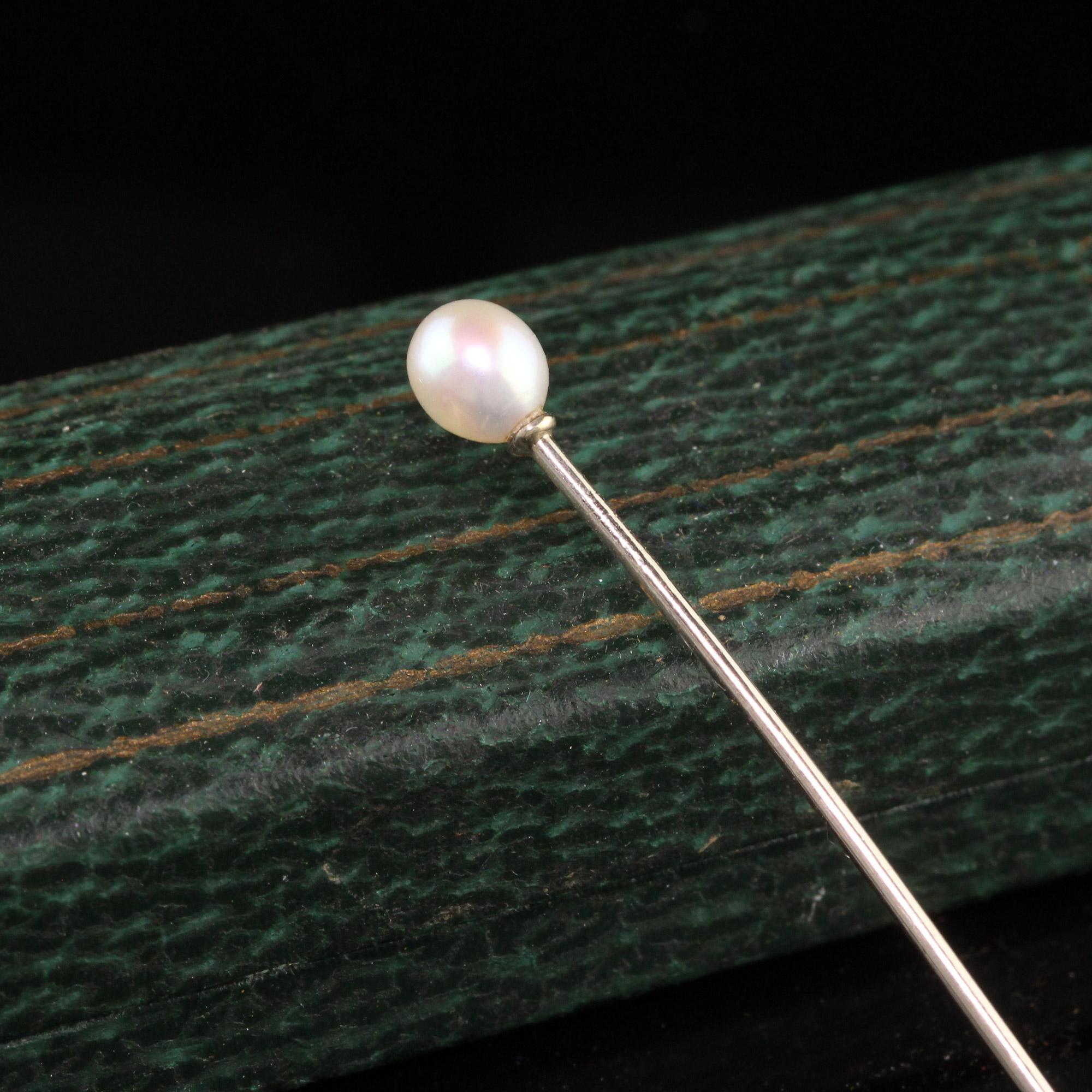 Beautiful Antique Art Deco 14K White Gold Natural Pearl Stick Pin. This classic stick pin is crafted in 14k white gold. The top has a natural pearl that gives it an undersated look and yet classic.

Item #P0143

Metal: 14K White Gold

Weight: 1