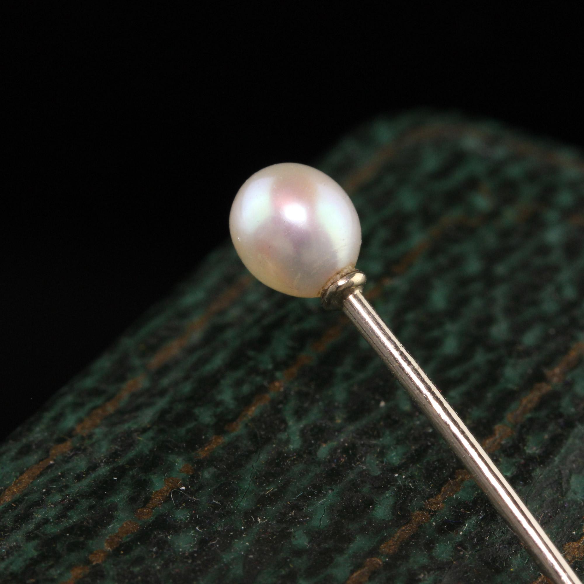 Round Cut Antique Art Deco 14K White Gold Natural Pearl Stick Pin For Sale
