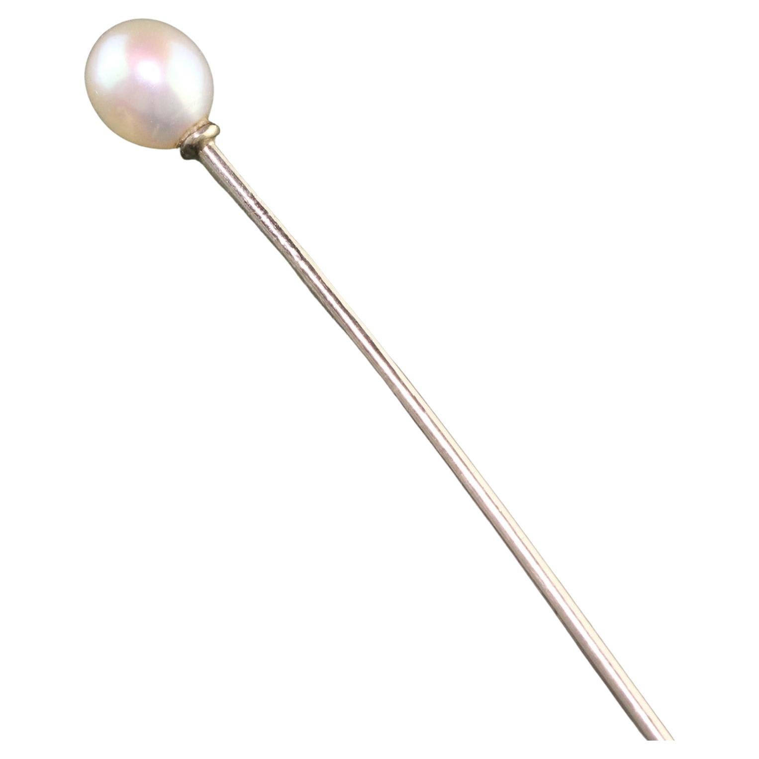Antique Art Deco 14K White Gold Natural Pearl Stick Pin For Sale