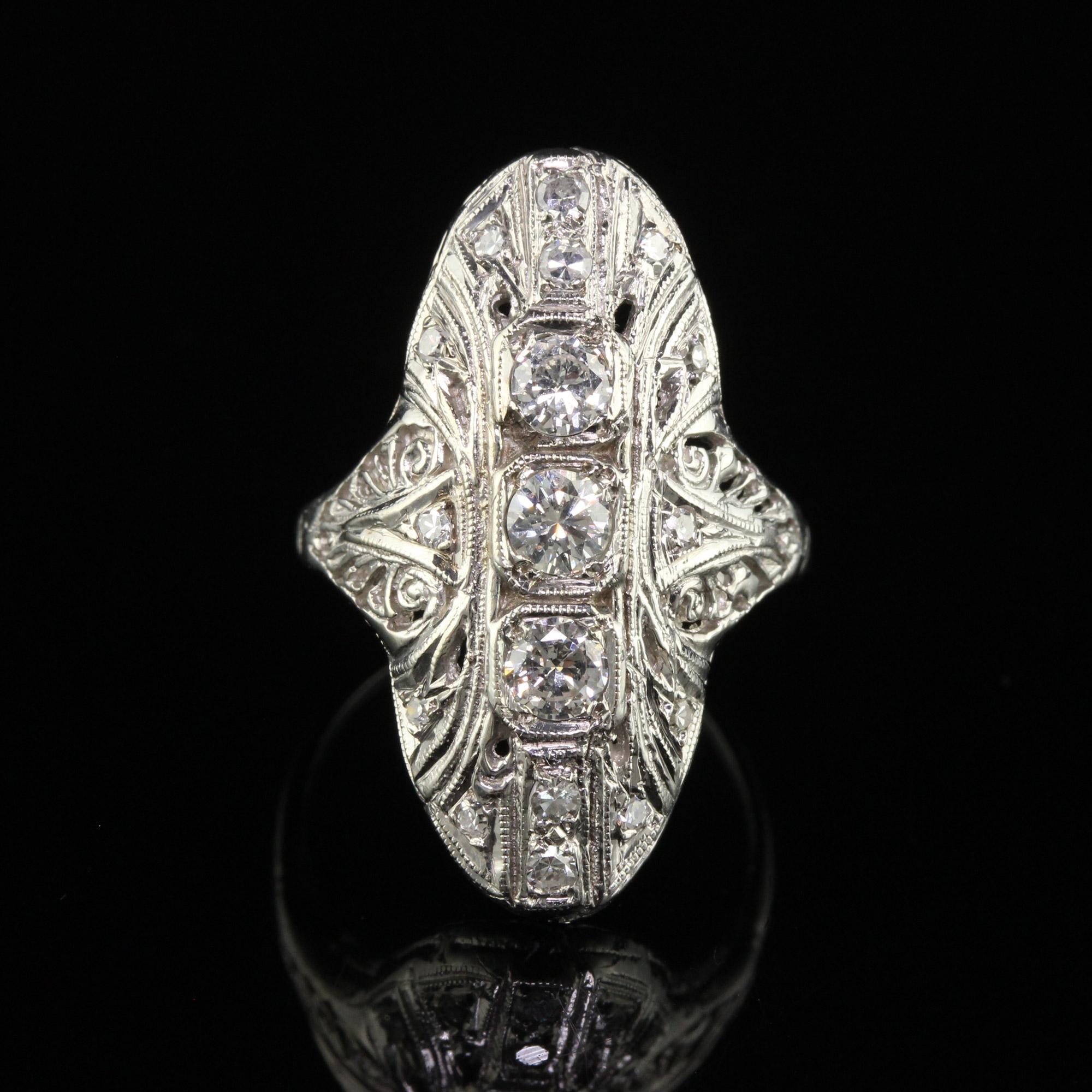 Antique Art Deco 14K White Gold Old Cut Diamond Filigree Shield Ring In Good Condition In Great Neck, NY