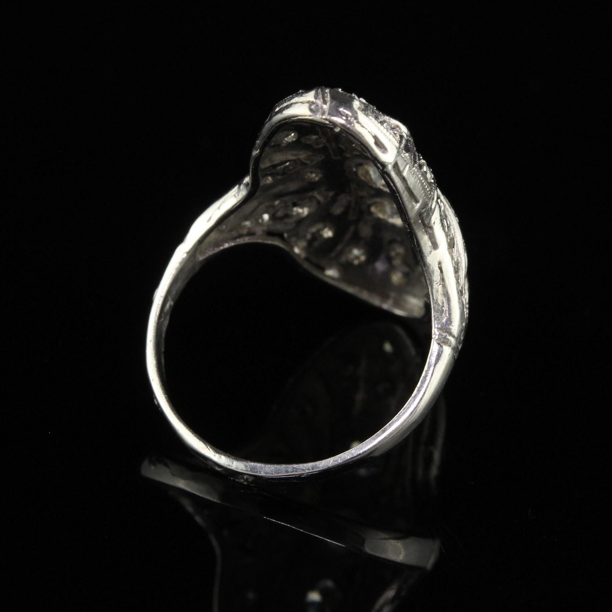 Women's Antique Art Deco 14K White Gold Old Cut Diamond Filigree Shield Ring For Sale