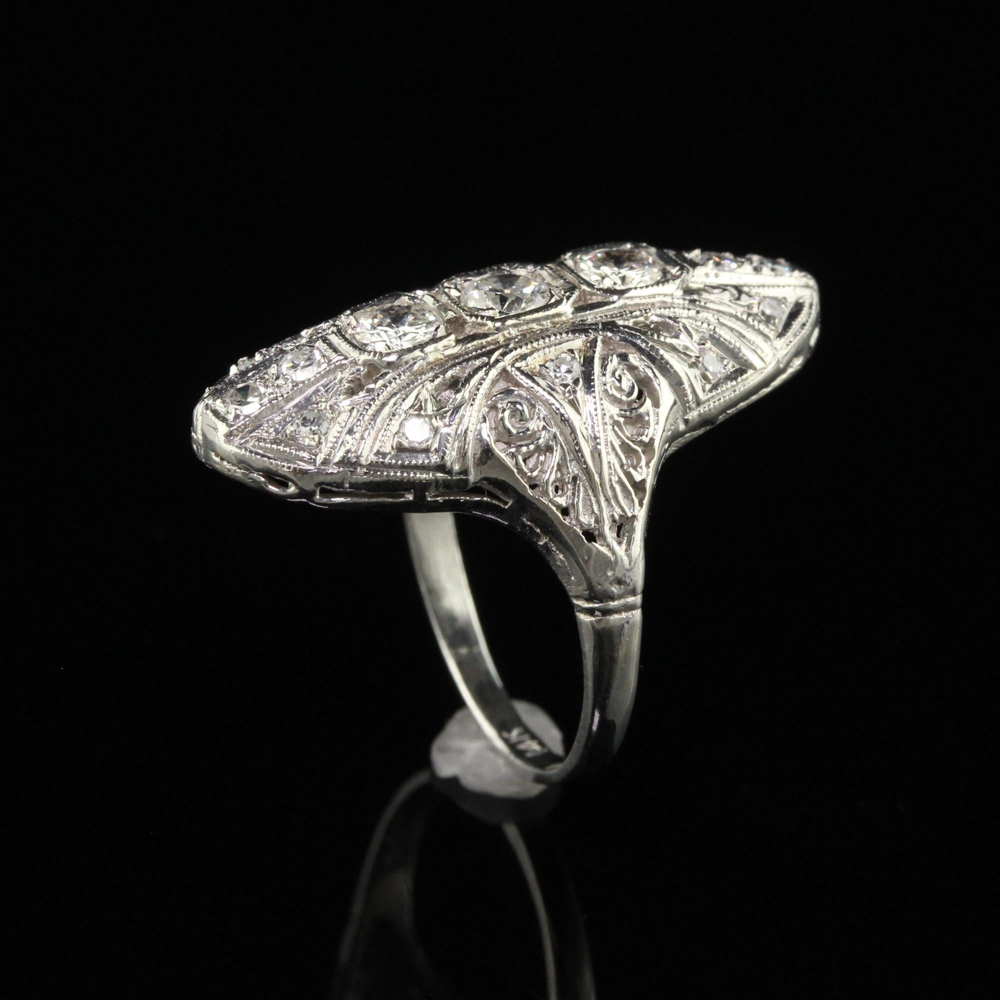 Antique Art Deco 14K White Gold Old Cut Diamond Filigree Shield Ring For Sale 1
