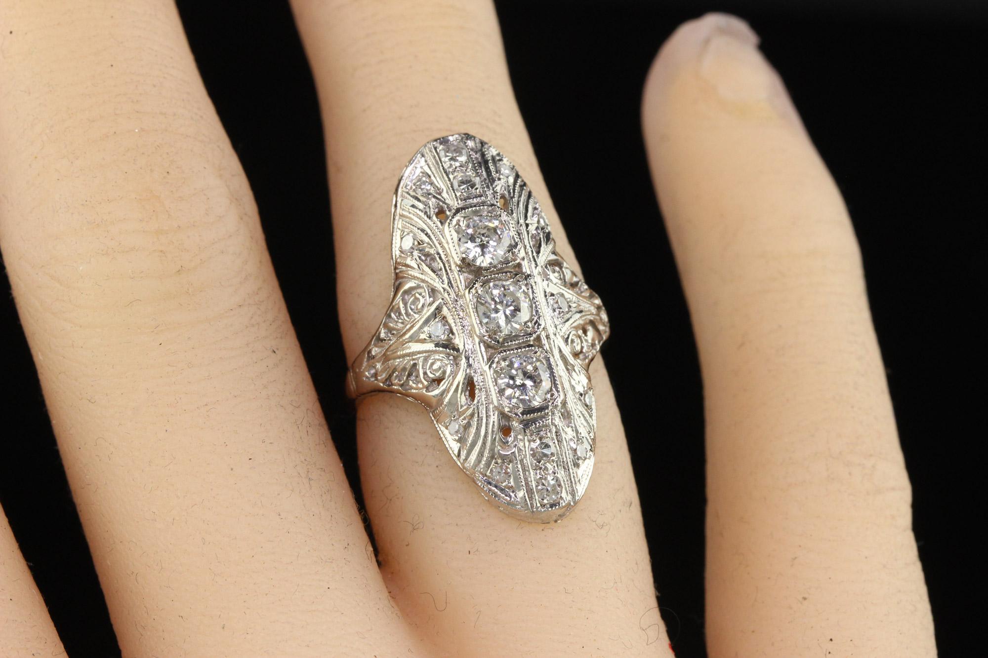 Antique Art Deco 14K White Gold Old Cut Diamond Filigree Shield Ring For Sale 2