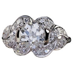 Bague de fiançailles Art déco ancienne en or blanc 14 carats avec diamants taille ancienne - GIA