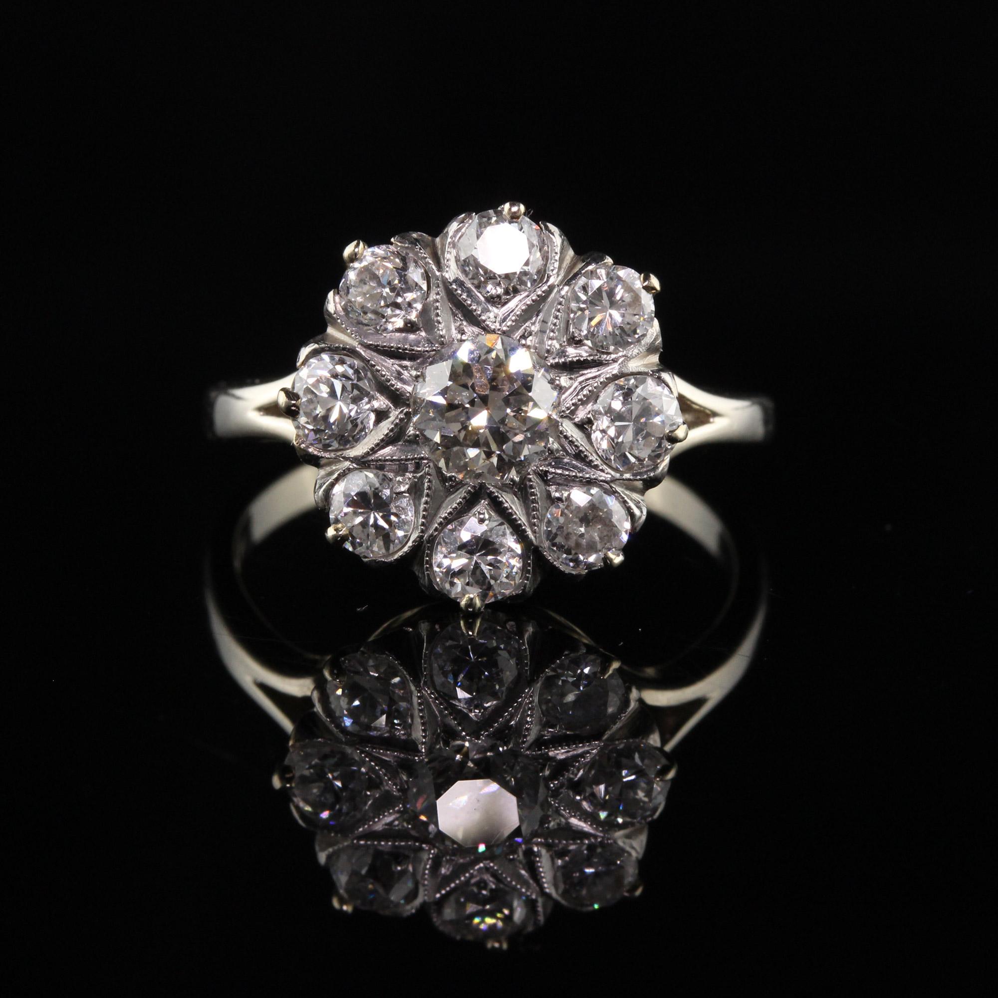 Art Deco Vintage Estate 14K White Gold Old Euro Diamond Cluster Engagement Ring