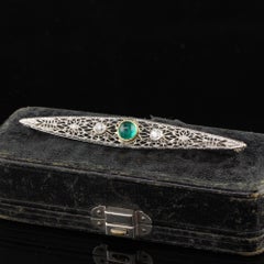 Antique Art Deco 14K White Gold Old Euro Diamond Emerald Filigree Pin