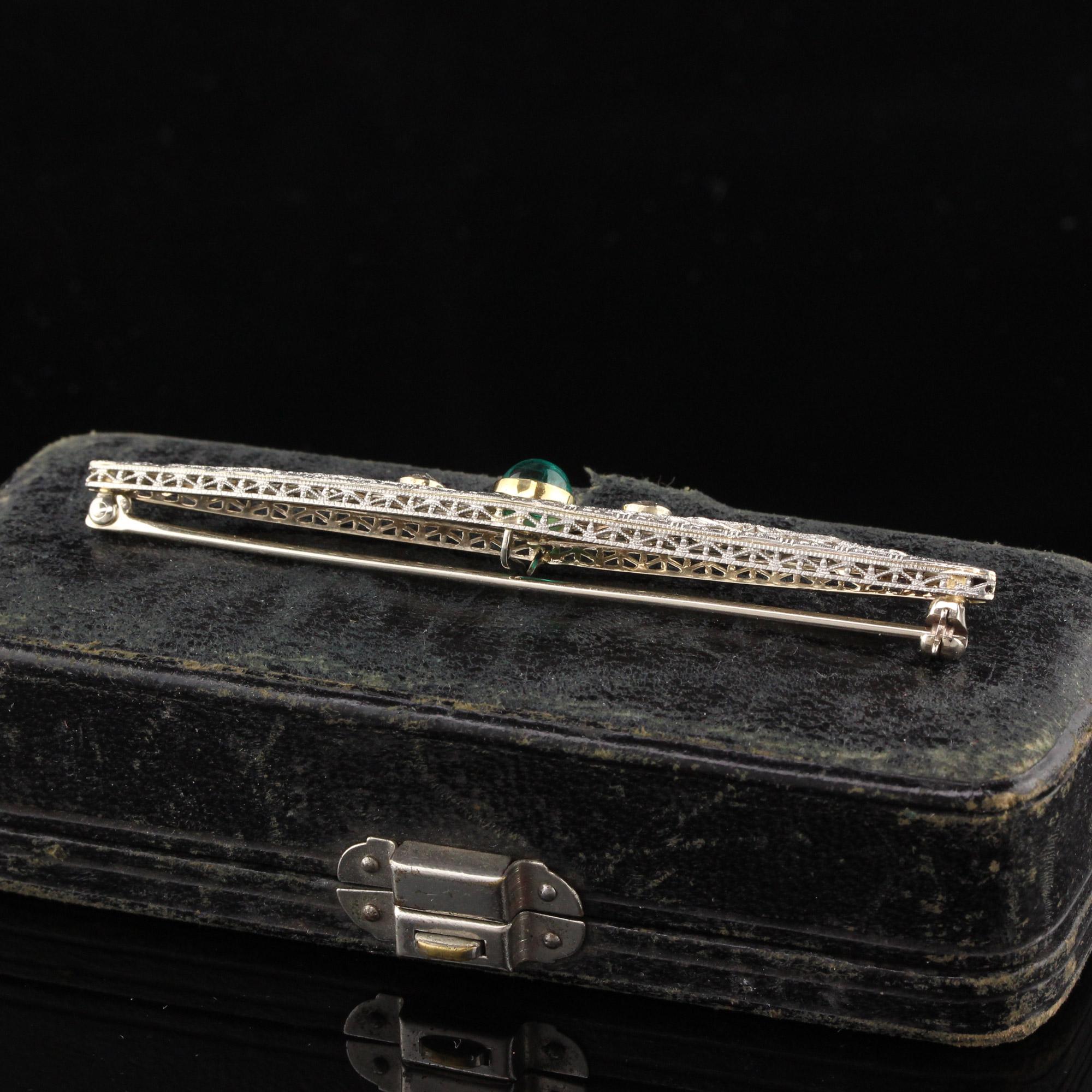 Cabochon Antique Art Deco 14K White Gold Old Euro Diamond Emerald Filigree Pin For Sale