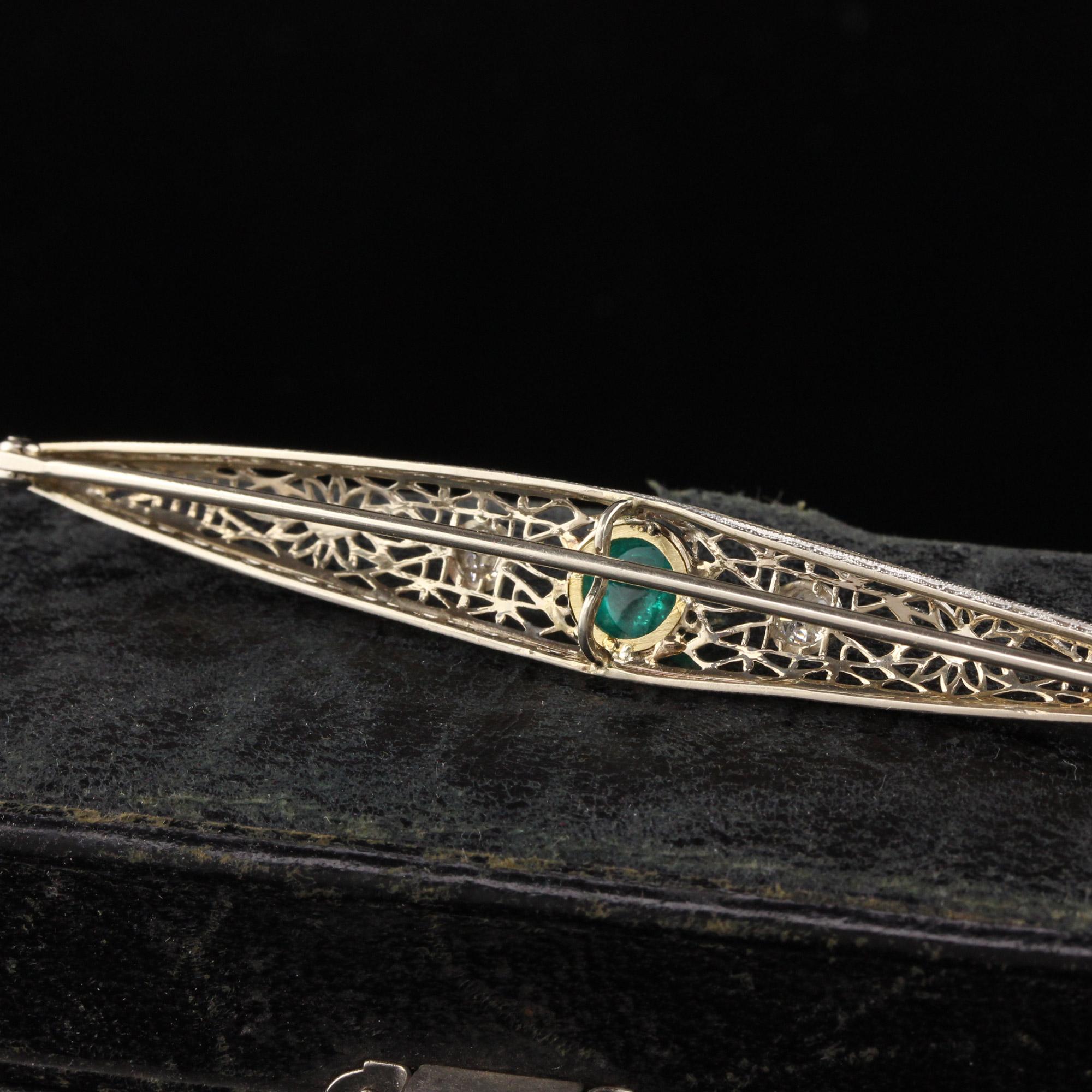 Women's or Men's Antique Art Deco 14K White Gold Old Euro Diamond Emerald Filigree Pin For Sale