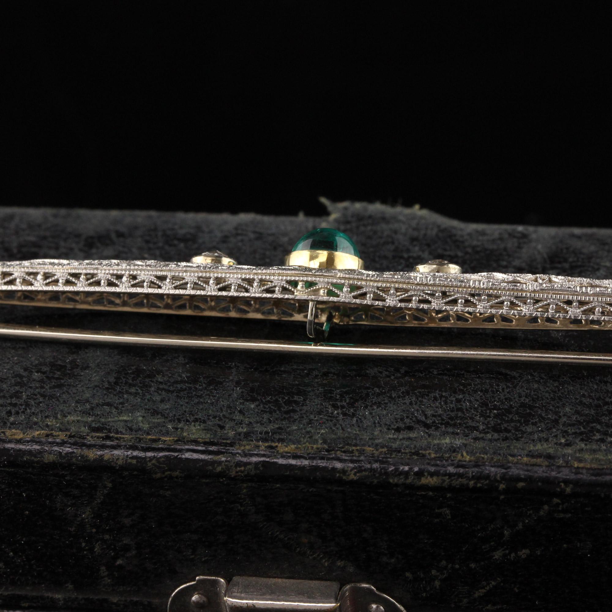 Antique Art Deco 14K White Gold Old Euro Diamond Emerald Filigree Pin For Sale 1