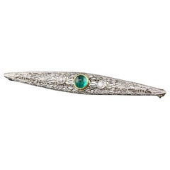 Antique Art Deco 14K White Gold Old Euro Diamond Emerald Filigree Pin