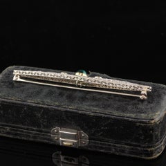 Antique Art Deco 14K White Gold Old Euro Diamond Emerald Filigree Pin - GIA