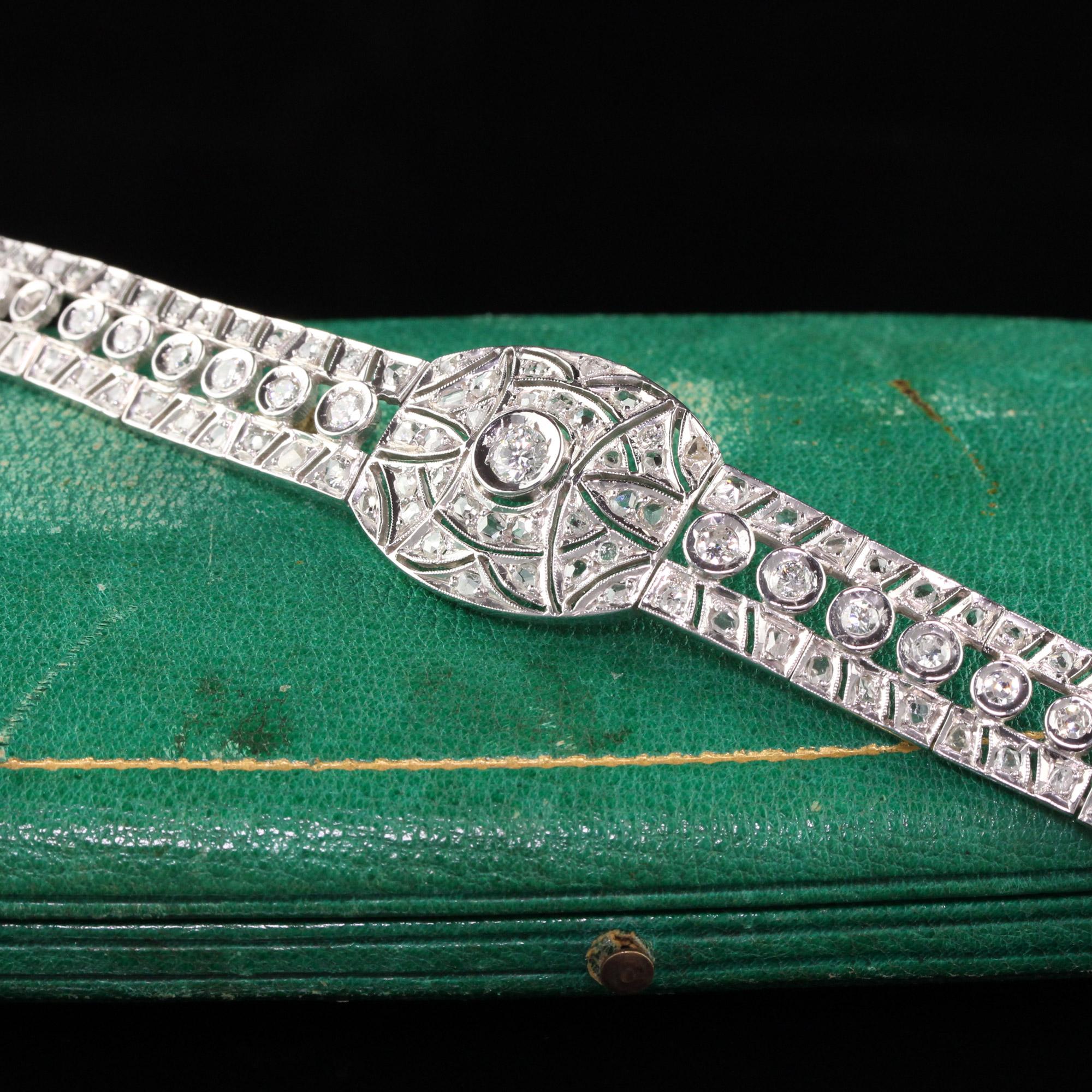 Beautiful Antique Art Deco 14K White Gold Old Euro Rose Cut Diamond Filigree Bracelet. This beautiful bracelet is crafted in 14K white gold and has old european cut and rose cut diamonds on the entire piece.

Item #B0055

Metal: 14K White