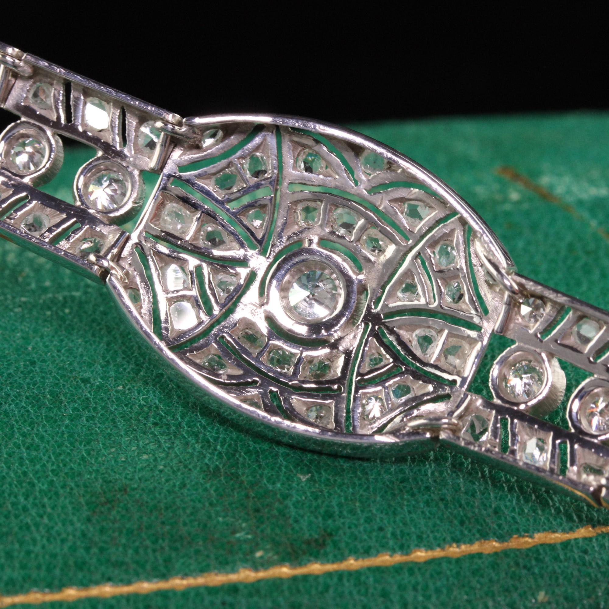 Antique Art Deco 14K White Gold Old Euro Rose Cut Diamond Filigree Bracelet In Good Condition For Sale In Great Neck, NY