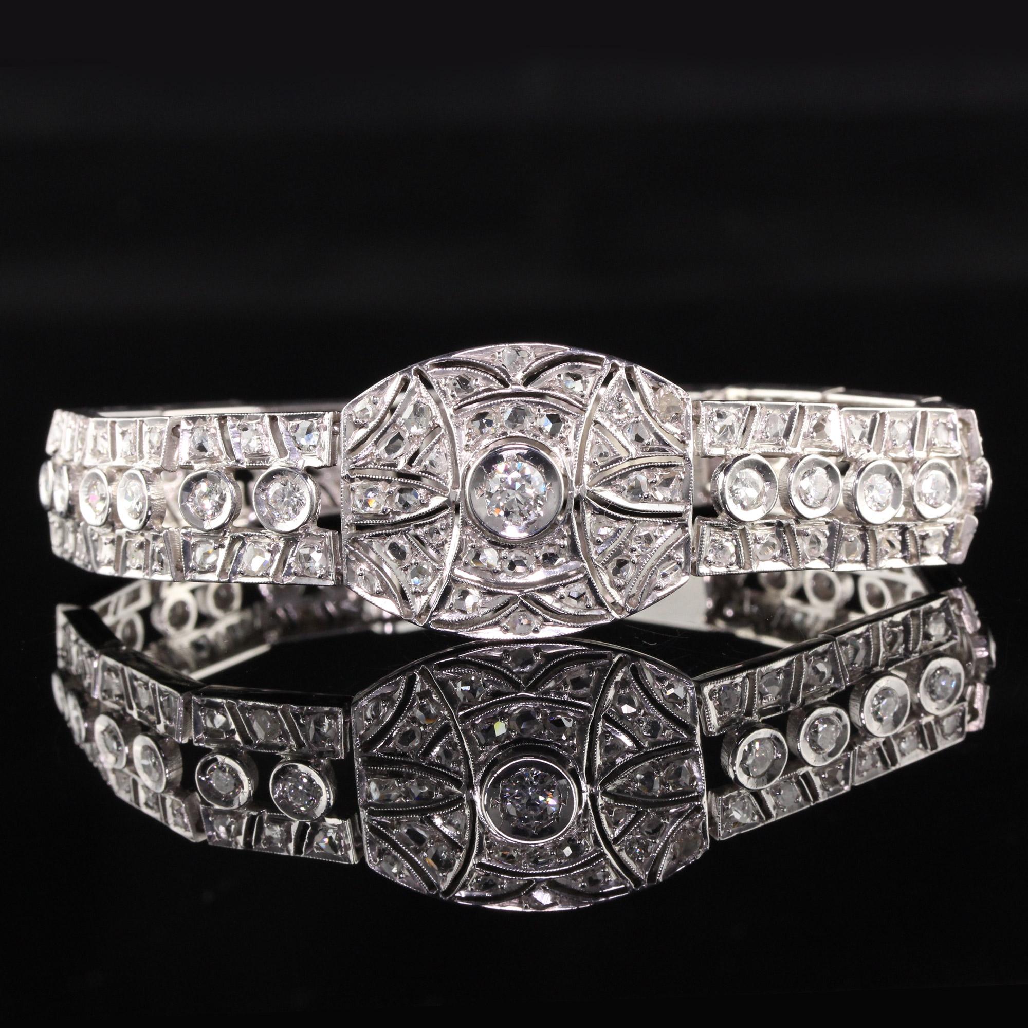 Women's Antique Art Deco 14K White Gold Old Euro Rose Cut Diamond Filigree Bracelet For Sale