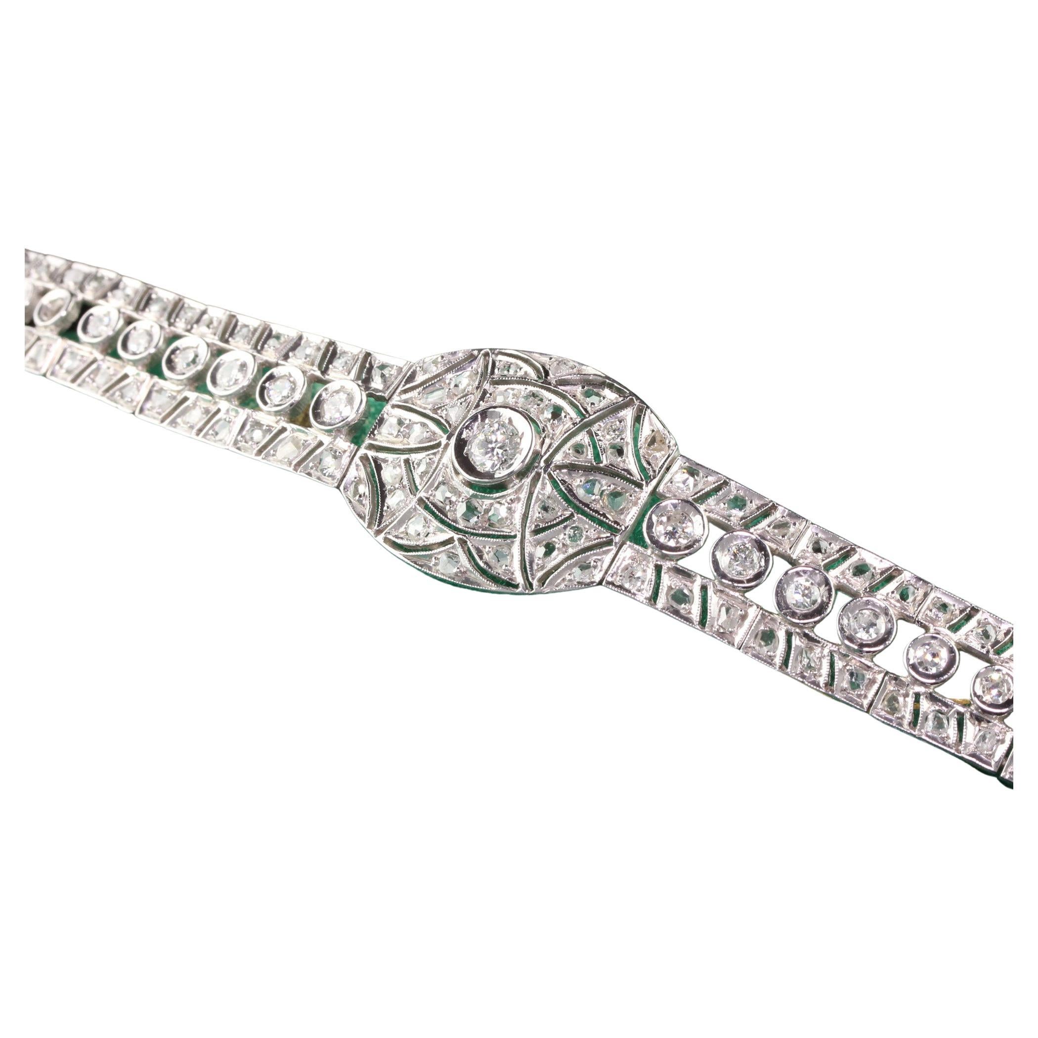 Antique Art Deco 14K White Gold Old Euro Rose Cut Diamond Filigree Bracelet For Sale