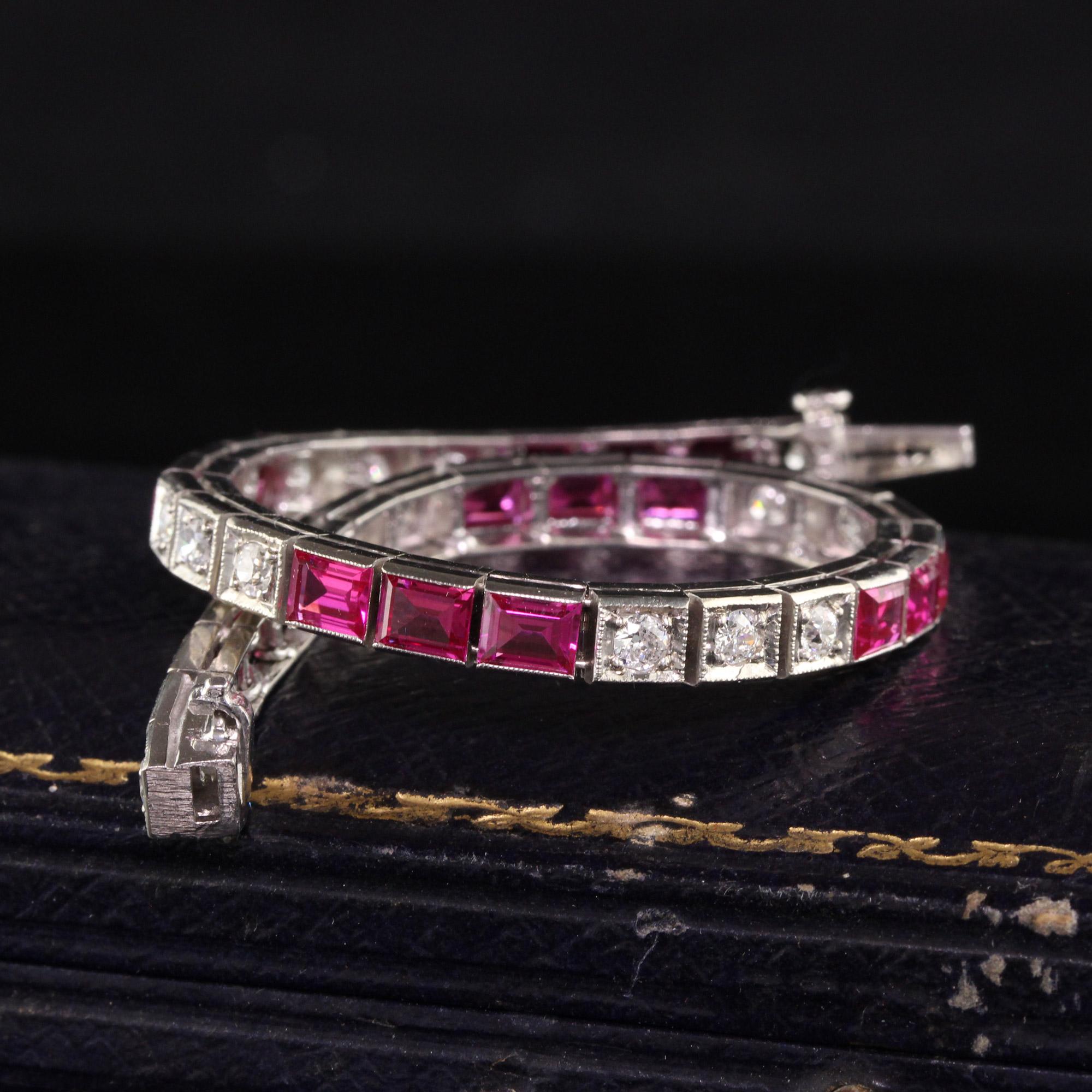 Beautiful Antique Art Deco 14K White Gold Old European Cut Diamond and Ruby Line Bracelet. This gorgeous bracelet has old european cut diamonds and synthetic rubies going across the bracelet. The synthetic rubies are very bright and two of them are