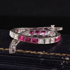 Antique Art Deco 14k White Gold Old European Cut Diamond and Ruby Line Bracelet