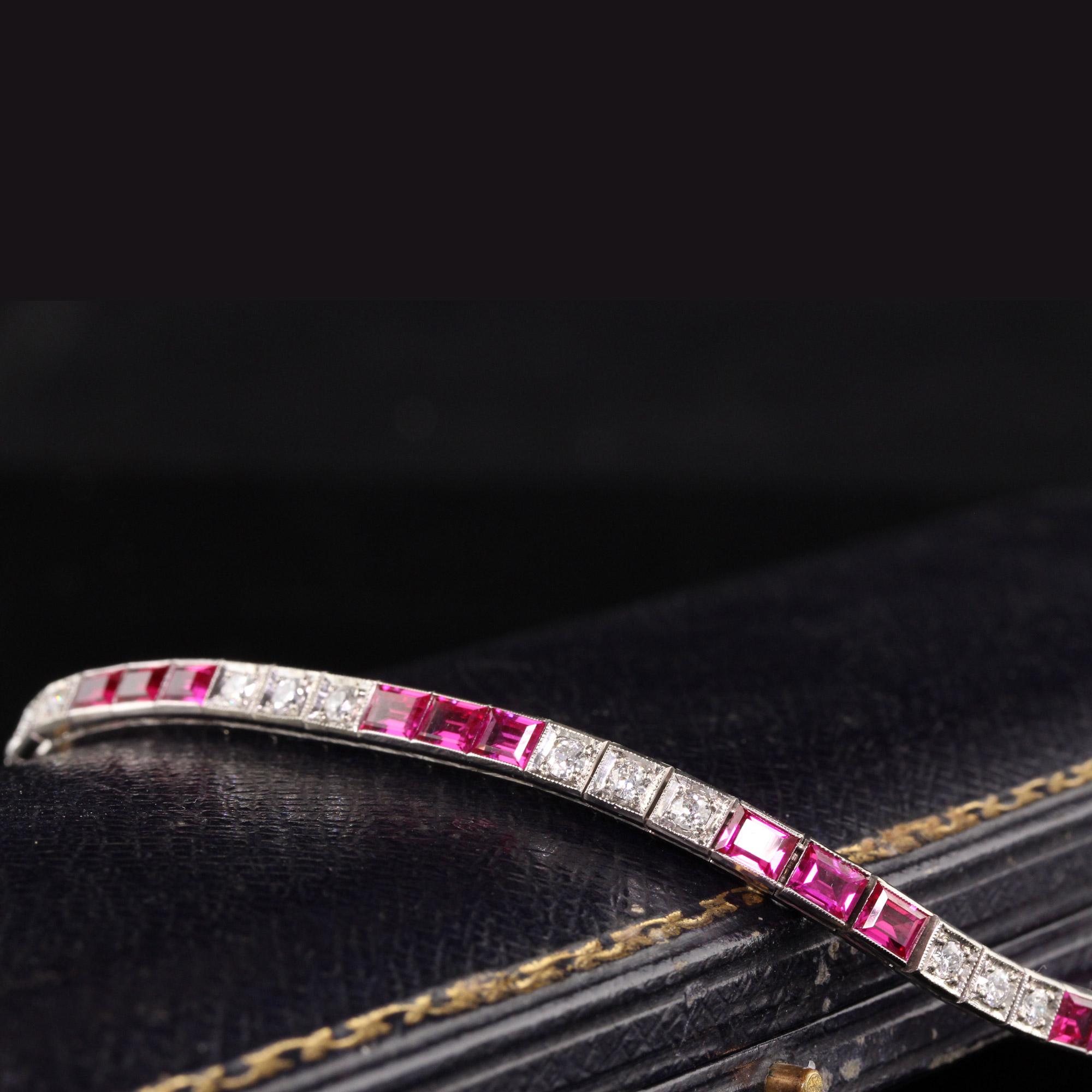 Women's Antique Art Deco 14k White Gold Old European Cut Diamond and Ruby Line Bracelet