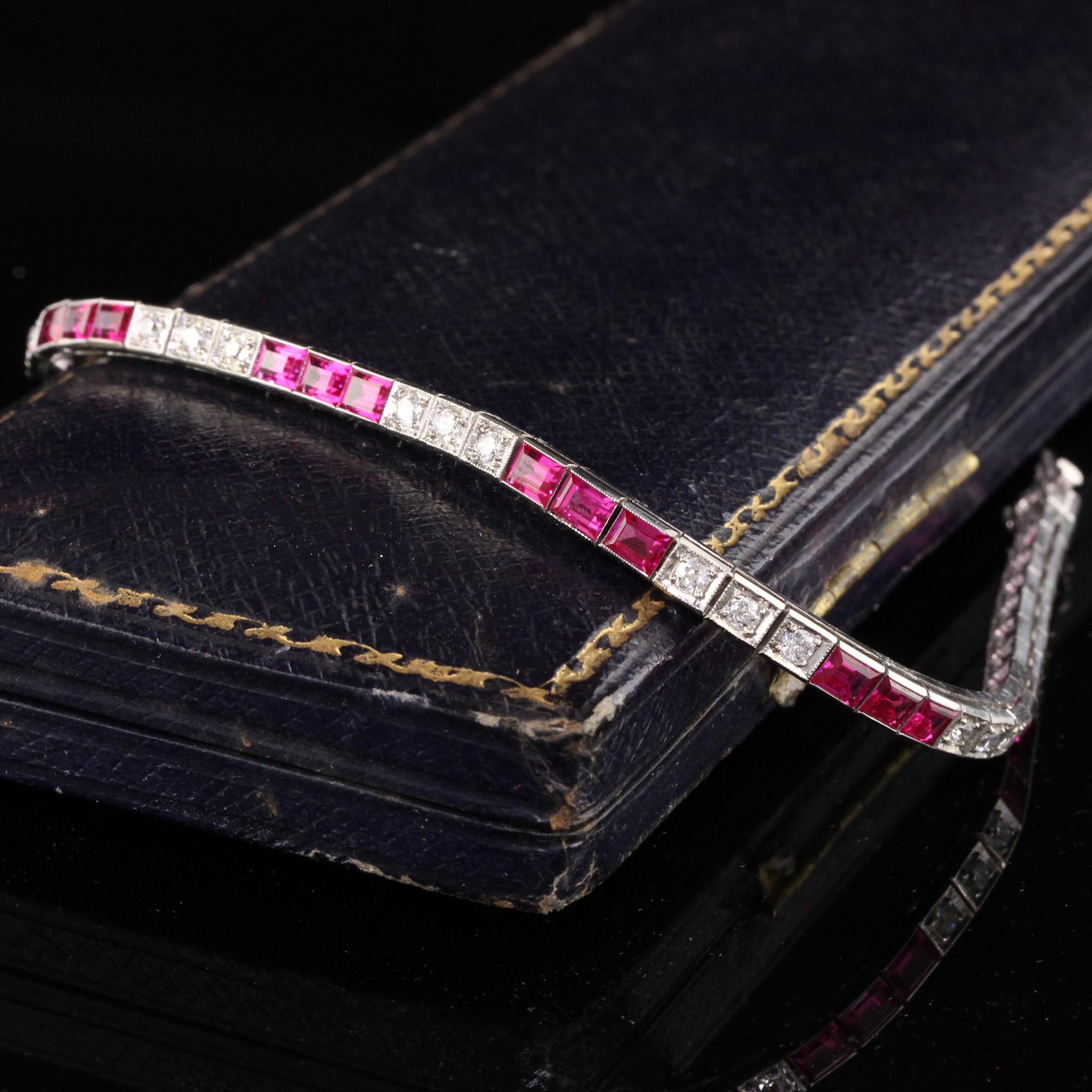 Antique Art Deco 14k White Gold Old European Cut Diamond and Ruby Line Bracelet In Good Condition In Great Neck, NY