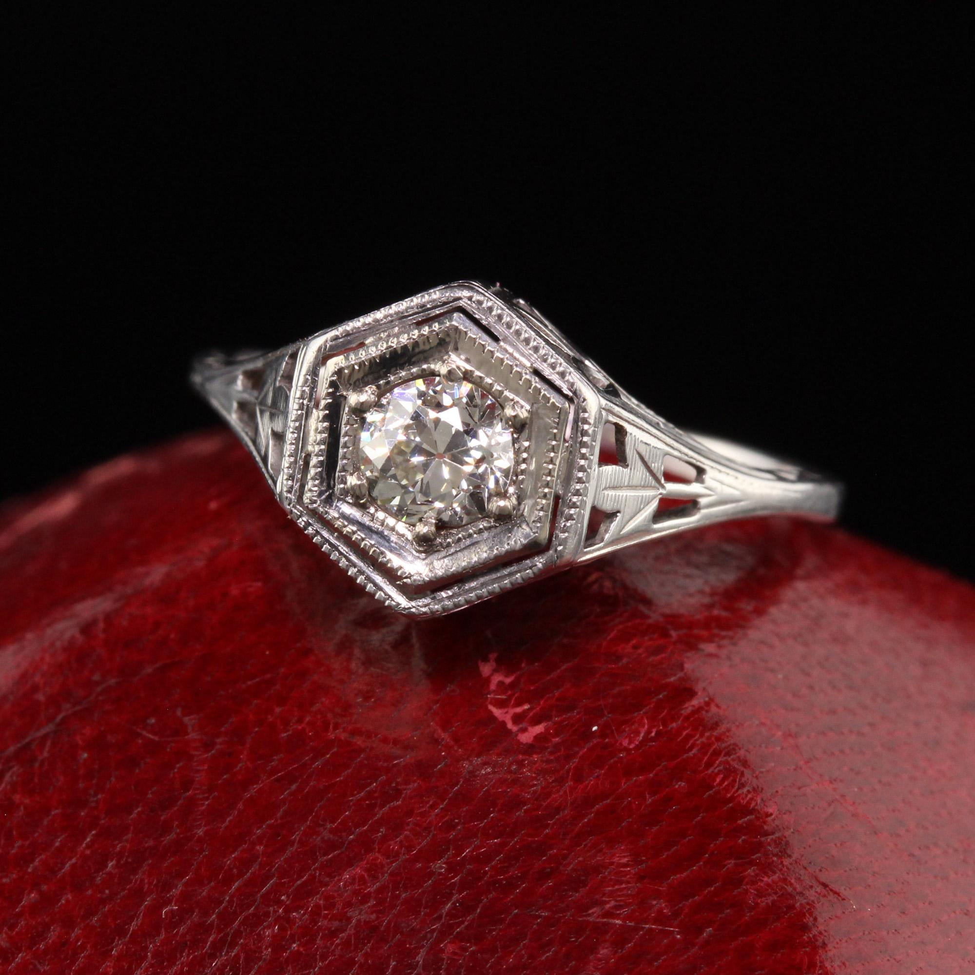 Beautiful Antique Art Deco 14K White Gold Old European Cut Diamond Engagement Ring. This classic engagement ring is crafted in 14K white gold. The center holds a beautiful old european cut diamond in a filigree mounting.

Item #R1236

Metal: 14K