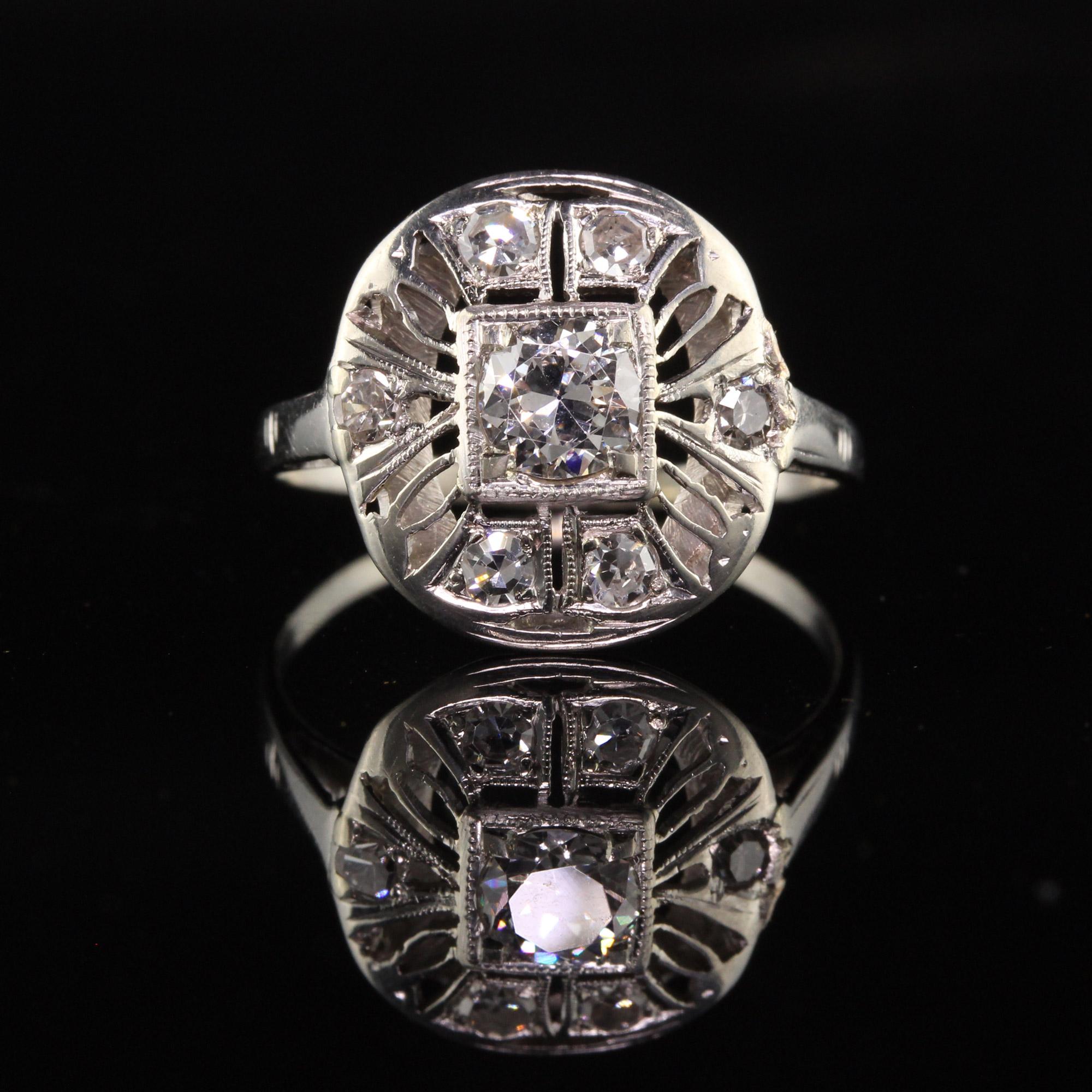 Antique Art Deco 14K White Gold Old European Cut Diamond Engagement Ring In Good Condition For Sale In Great Neck, NY