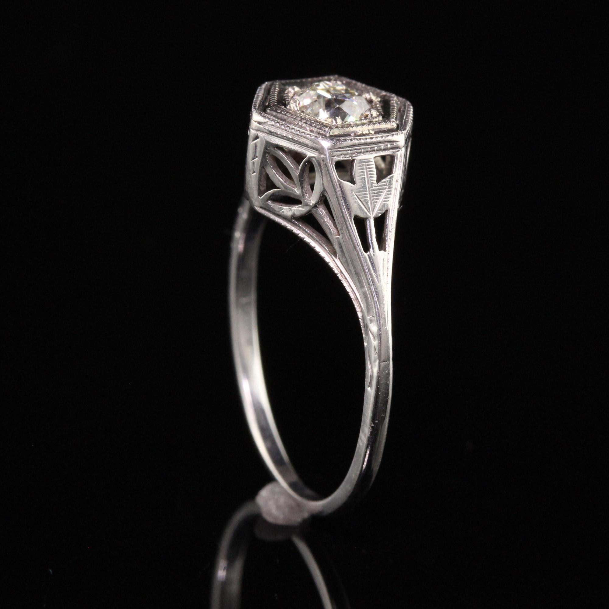 Antique Art Deco 14K White Gold Old European Cut Diamond Engagement Ring In Good Condition In Great Neck, NY