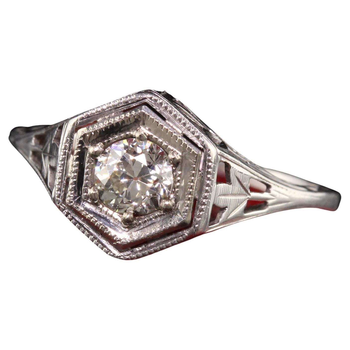 Antique Art Deco 14K White Gold Old European Cut Diamond Engagement Ring  For Sale at 1stDibs