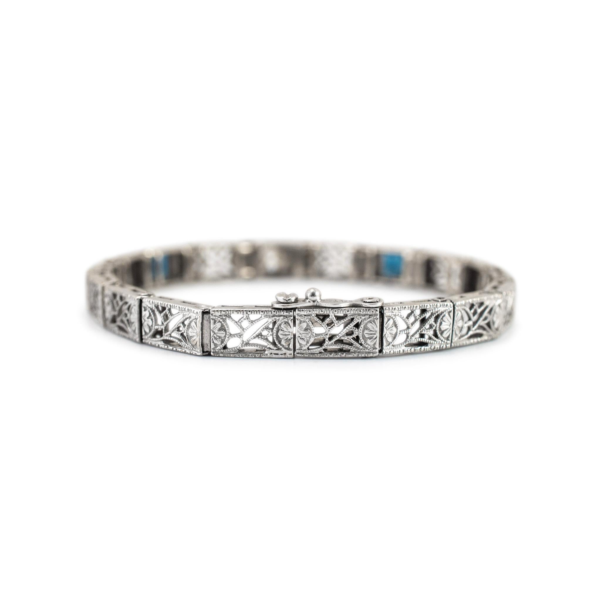 Square Cut Antique Art Deco 14K White Gold Old European Cut Diamond Sapphire Link Bracelet For Sale